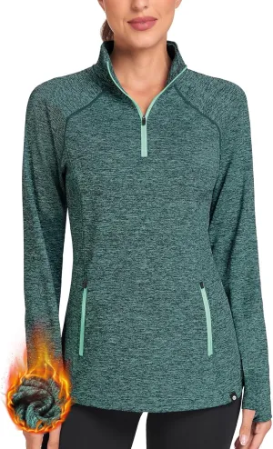 Soneven Women's Thermal Fleece Running Shirts Warm Winter Pullover Cold Weather Workout Hiking Tops with Thumb Holes Pockets