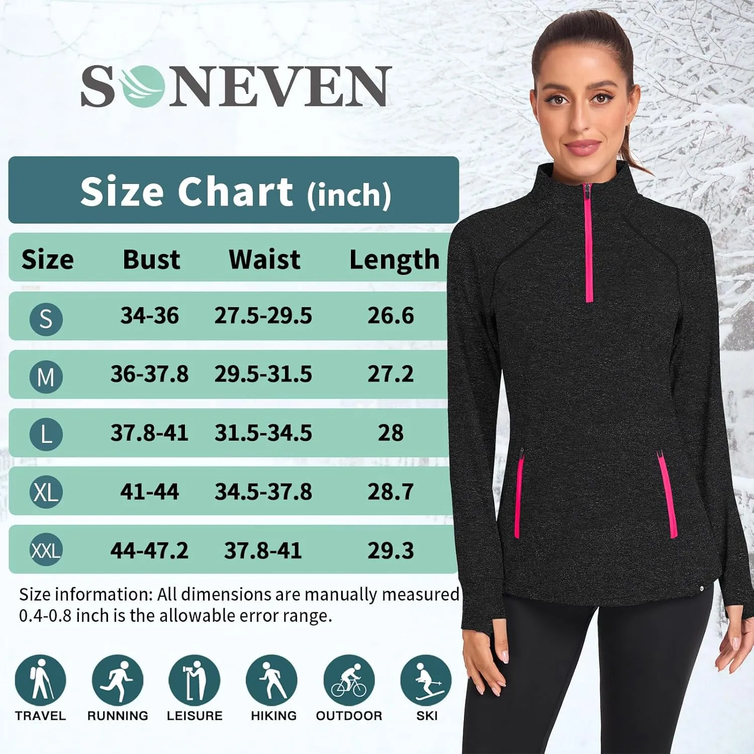 Soneven Women's Thermal Fleece Running Shirts Warm Winter Pullover Cold Weather Workout Hiking Tops with Thumb Holes Pockets
