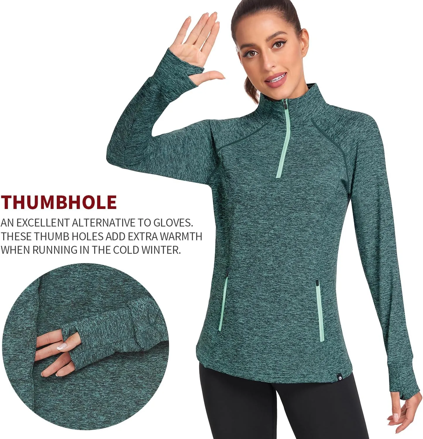 Soneven Women's Thermal Fleece Running Shirts Warm Winter Pullover Cold Weather Workout Hiking Tops with Thumb Holes Pockets