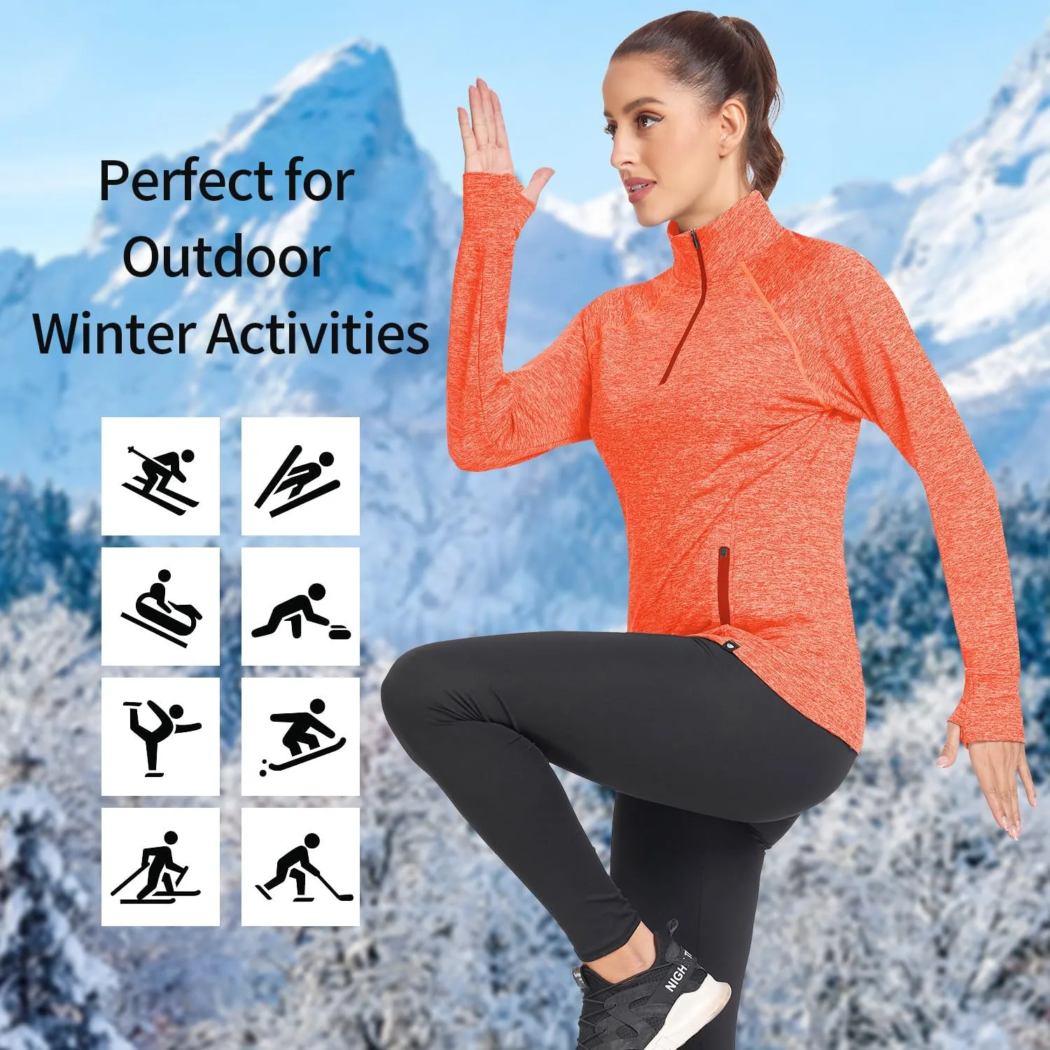 Soneven Women's Thermal Fleece Running Shirts Warm Winter Pullover Cold Weather Workout Hiking Tops with Thumb Holes Pockets