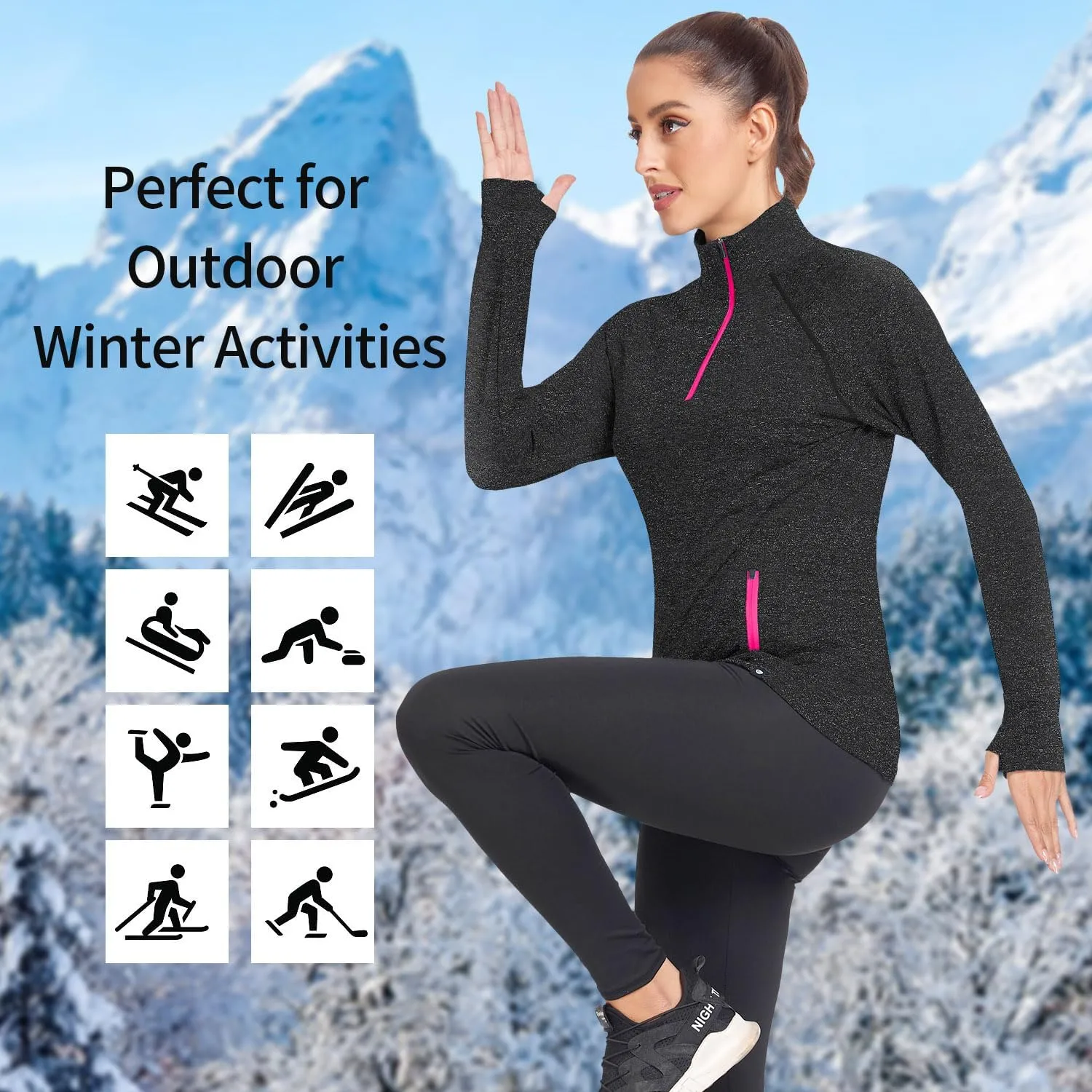 Soneven Women's Thermal Fleece Running Shirts Warm Winter Pullover Cold Weather Workout Hiking Tops with Thumb Holes Pockets