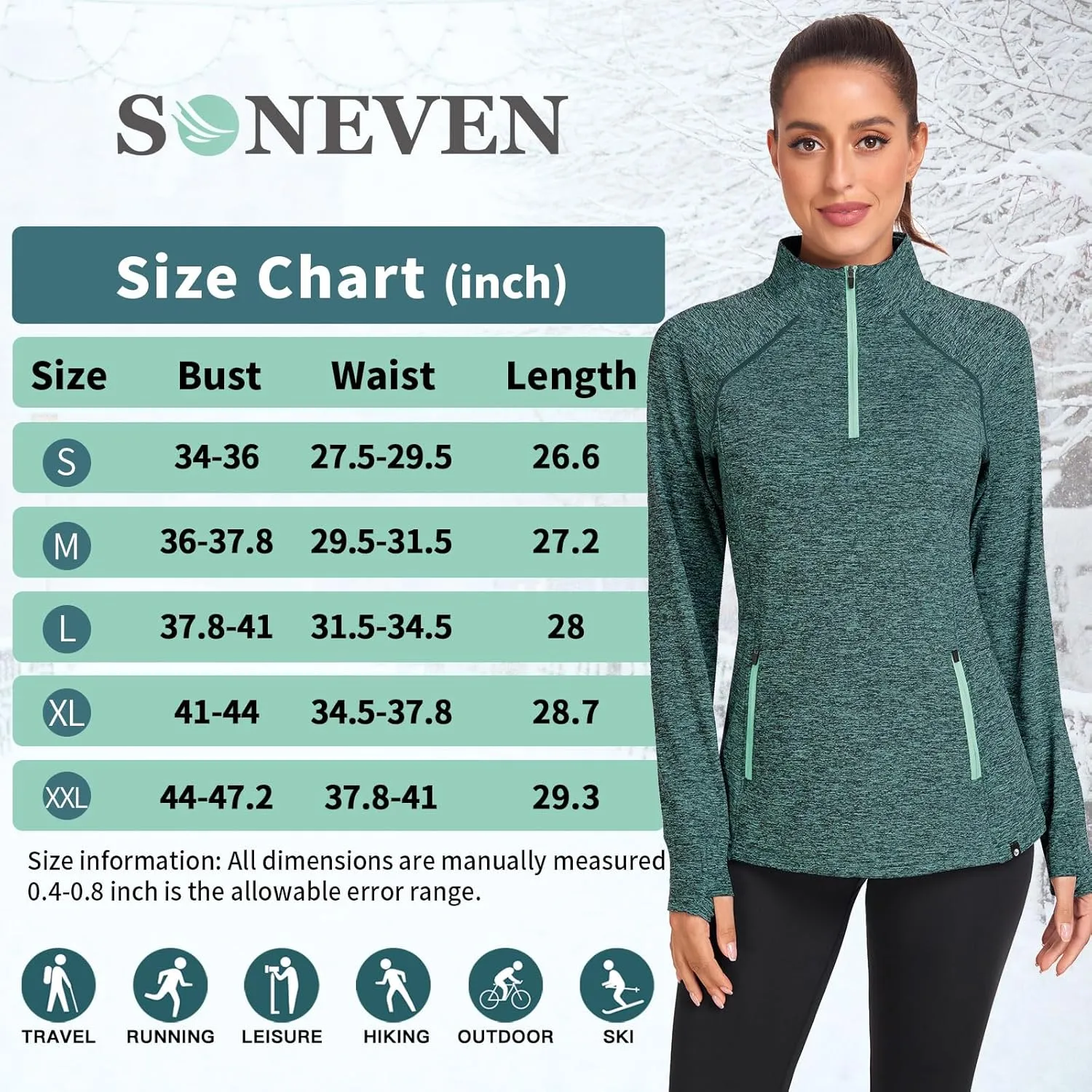 Soneven Women's Thermal Fleece Running Shirts Warm Winter Pullover Cold Weather Workout Hiking Tops with Thumb Holes Pockets