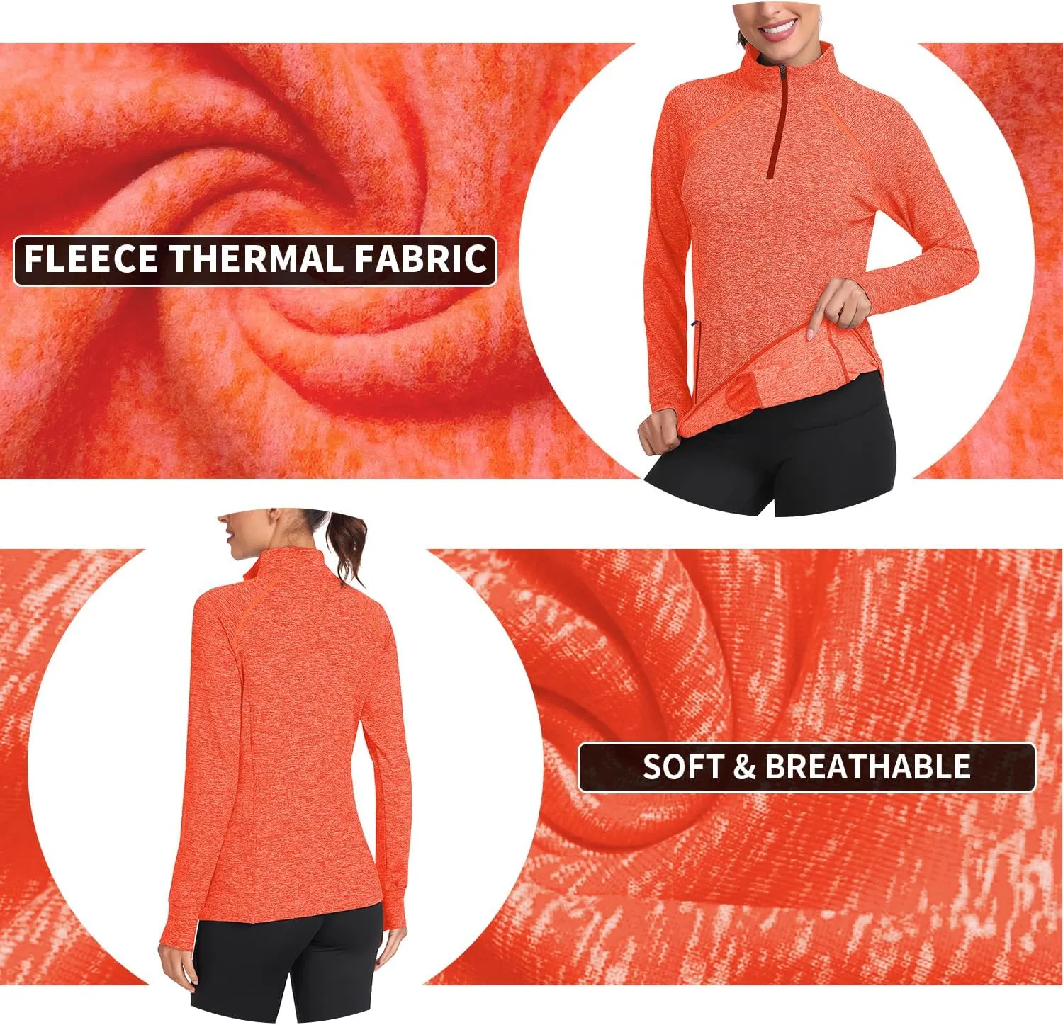 Soneven Women's Thermal Fleece Running Shirts Warm Winter Pullover Cold Weather Workout Hiking Tops with Thumb Holes Pockets