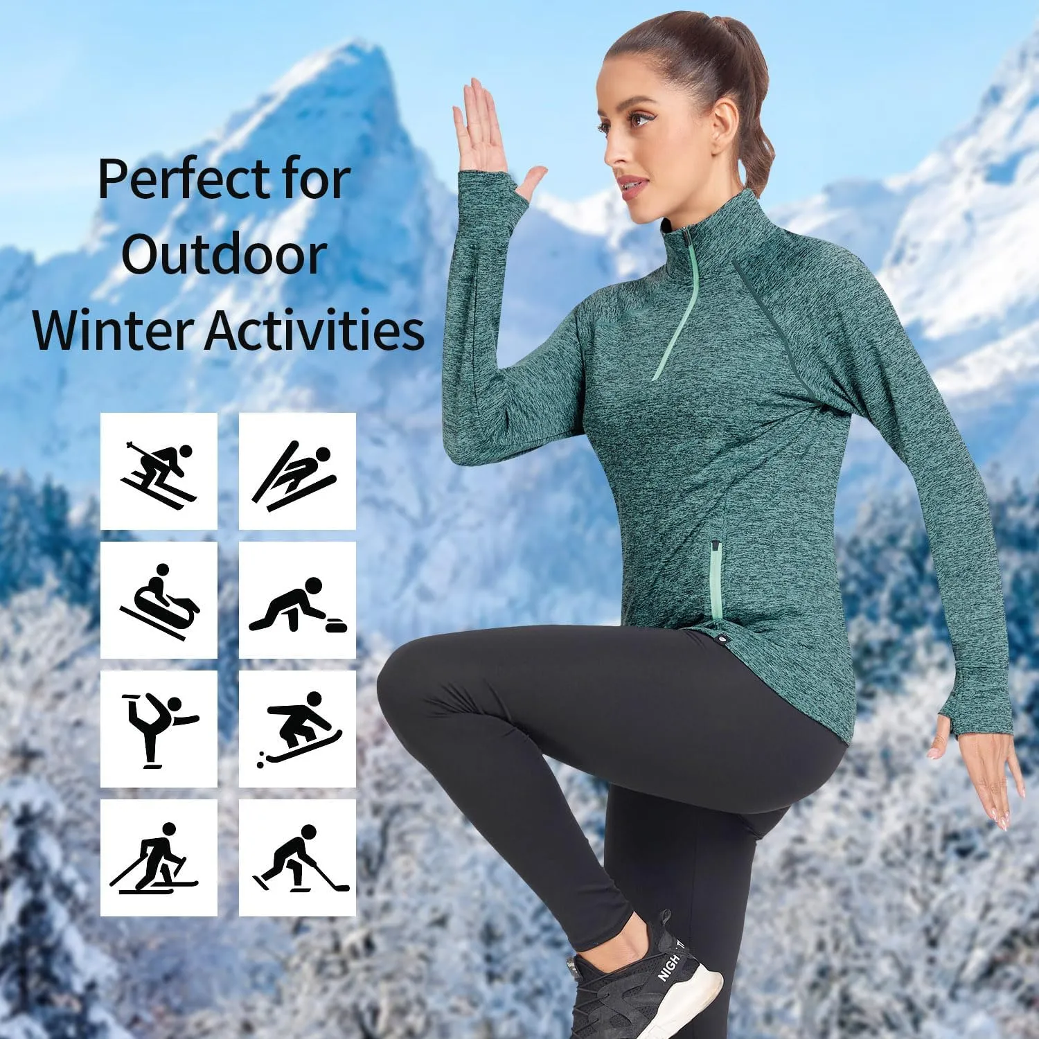 Soneven Women's Thermal Fleece Running Shirts Warm Winter Pullover Cold Weather Workout Hiking Tops with Thumb Holes Pockets