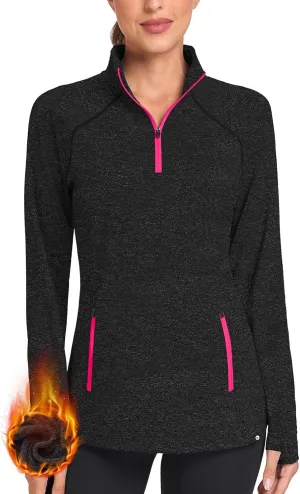 Soneven Women's Thermal Fleece Running Shirts Warm Winter Pullover Cold Weather Workout Hiking Tops with Thumb Holes Pockets