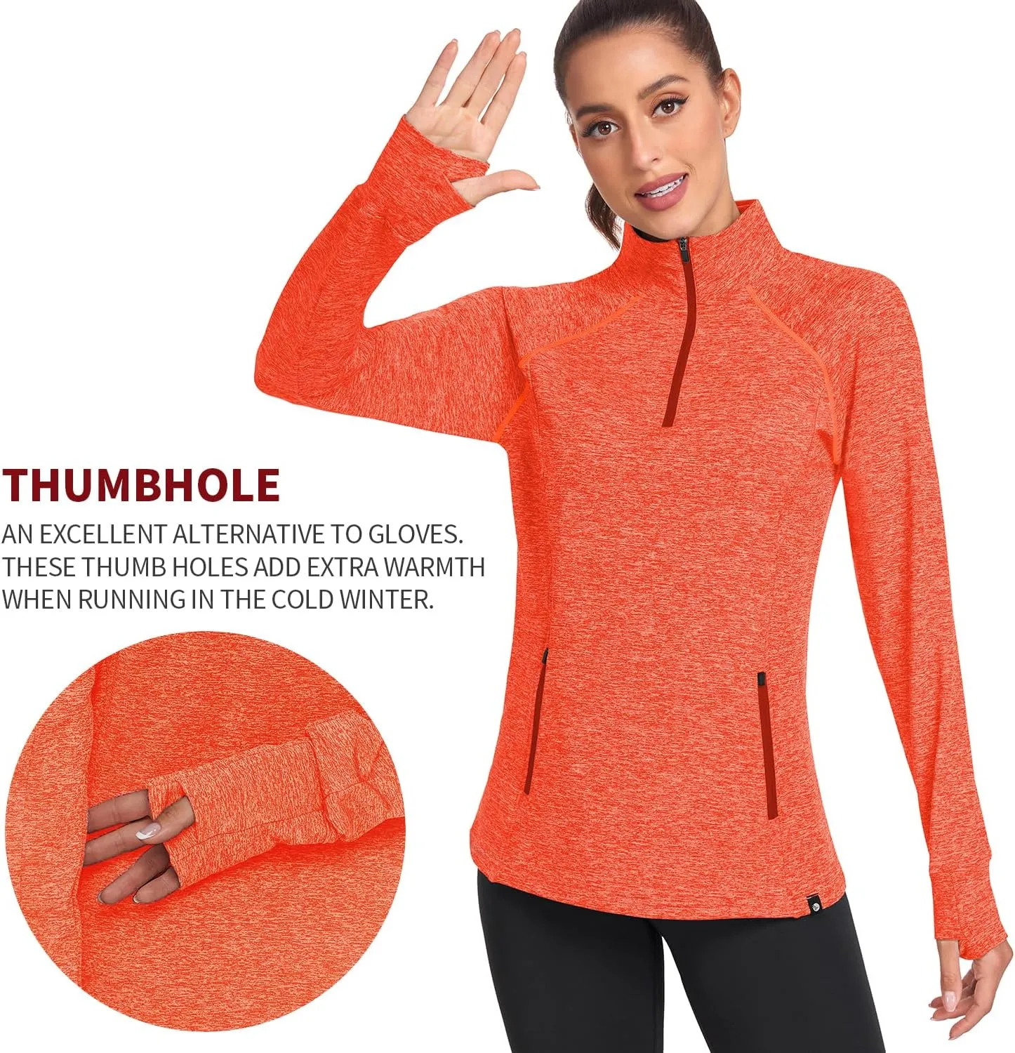 Soneven Women's Thermal Fleece Running Shirts Warm Winter Pullover Cold Weather Workout Hiking Tops with Thumb Holes Pockets