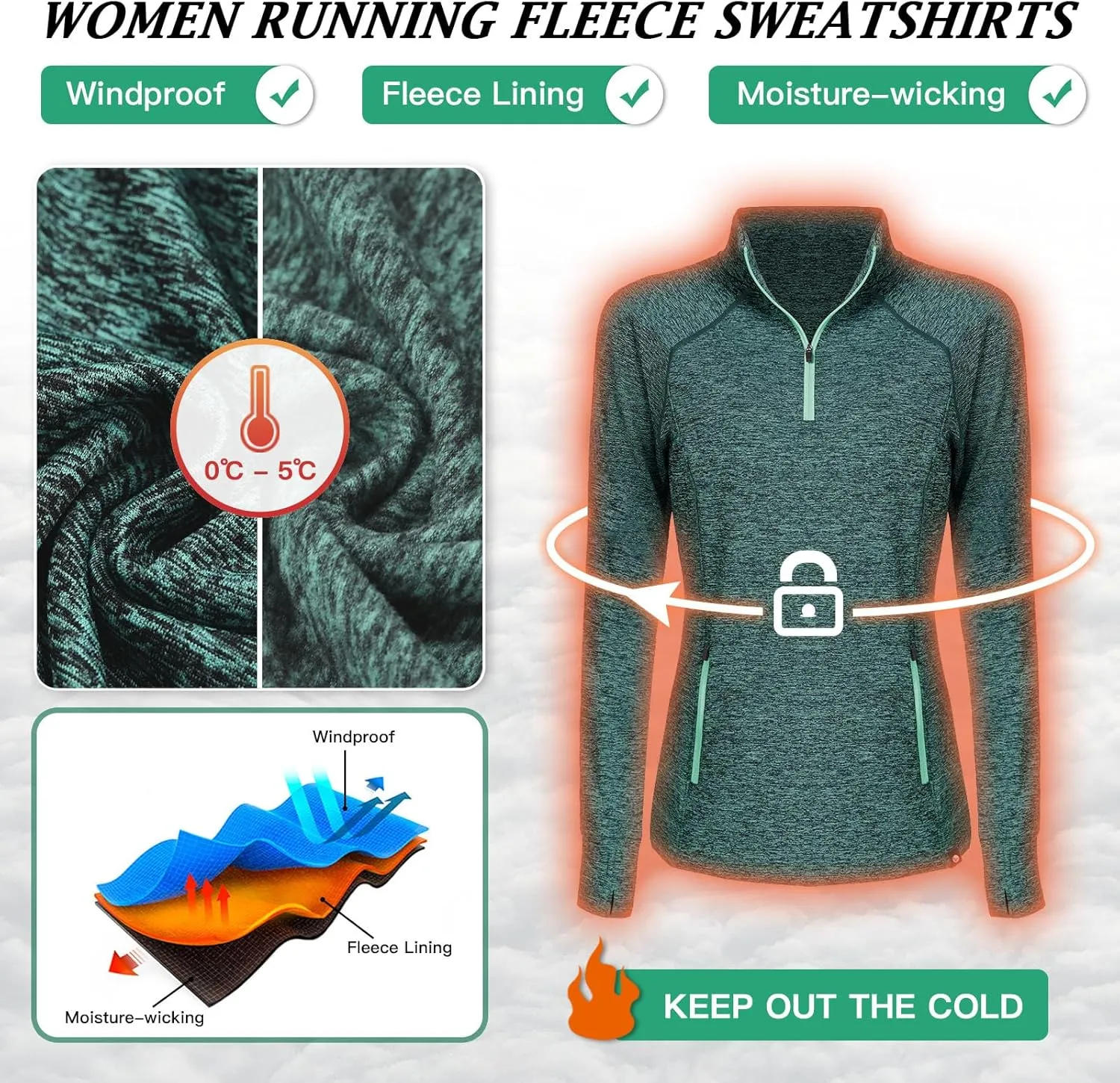Soneven Women's Thermal Fleece Running Shirts Warm Winter Pullover Cold Weather Workout Hiking Tops with Thumb Holes Pockets