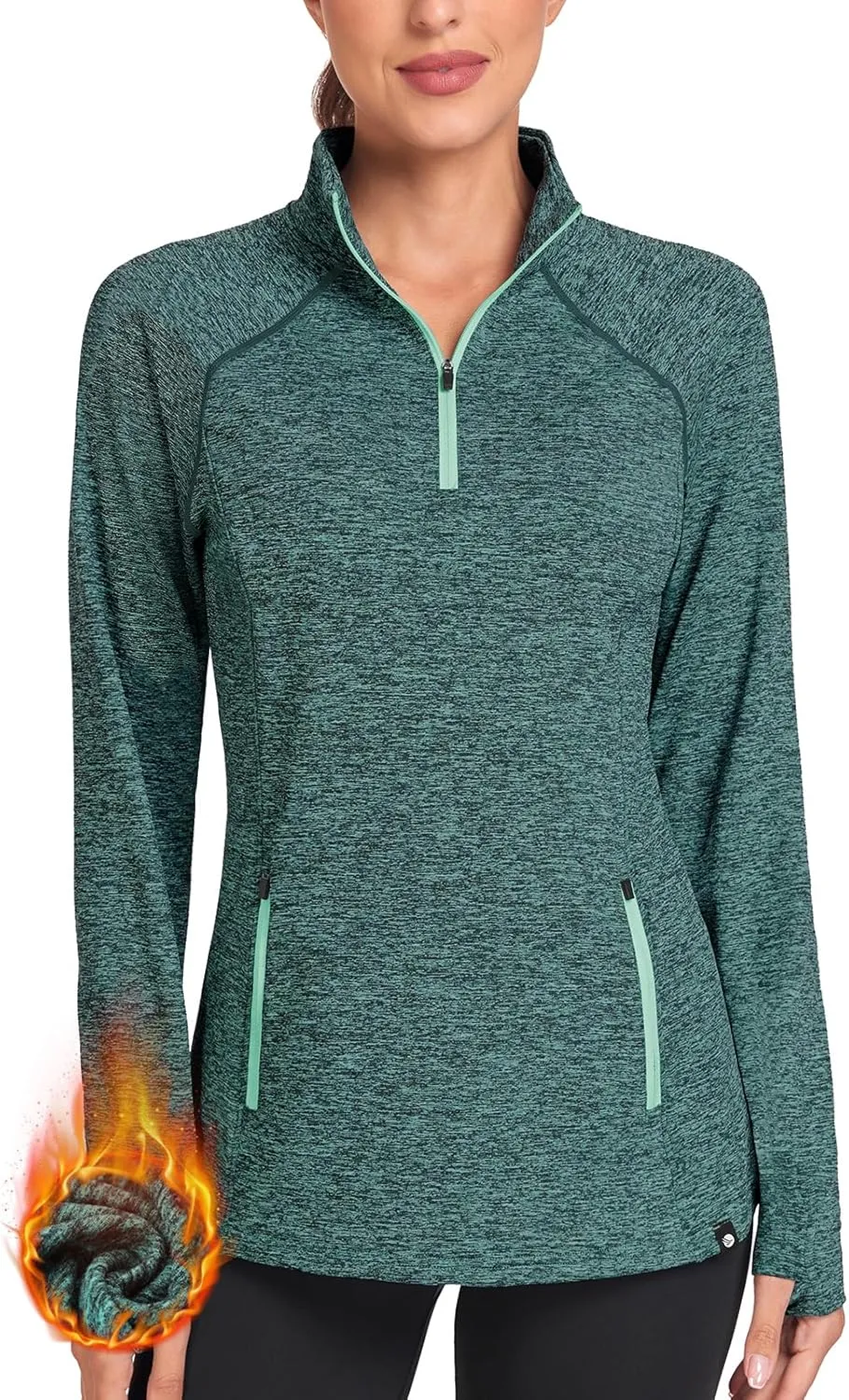 Soneven Women's Thermal Fleece Running Shirts Warm Winter Pullover Cold Weather Workout Hiking Tops with Thumb Holes Pockets
