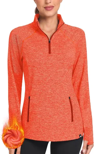 Soneven Women's Thermal Fleece Running Shirts Warm Winter Pullover Cold Weather Workout Hiking Tops with Thumb Holes Pockets