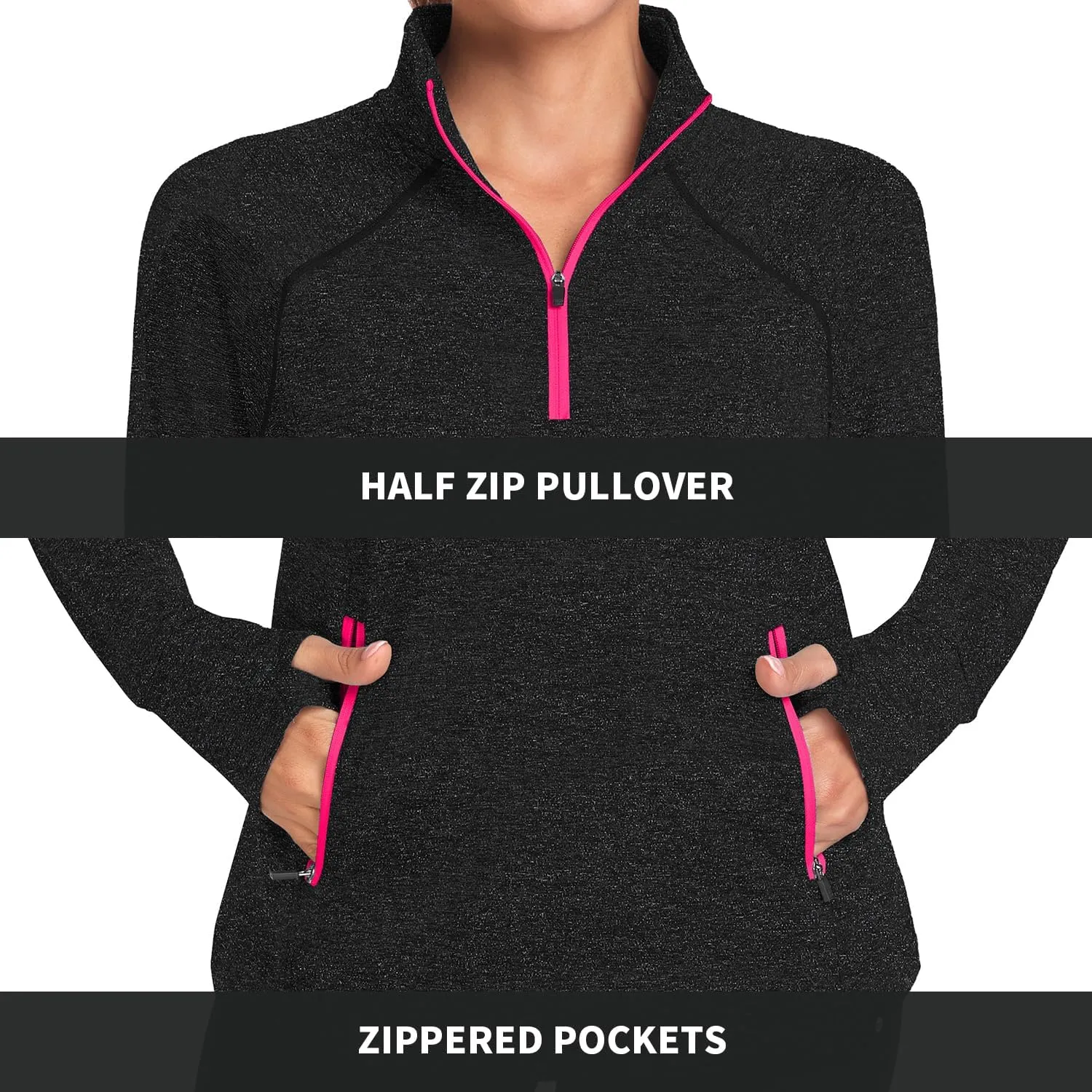 Soneven Women's Thermal Fleece Running Shirts Warm Winter Pullover Cold Weather Workout Hiking Tops with Thumb Holes Pockets