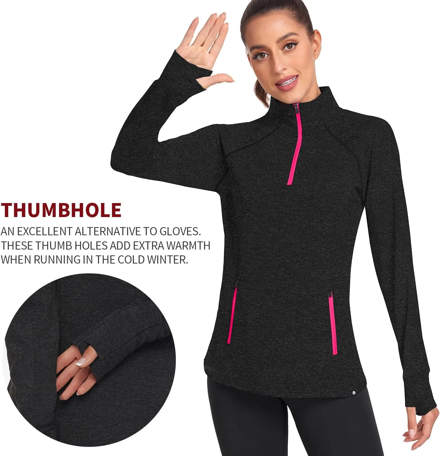 Soneven Women's Thermal Fleece Running Shirts Warm Winter Pullover Cold Weather Workout Hiking Tops with Thumb Holes Pockets