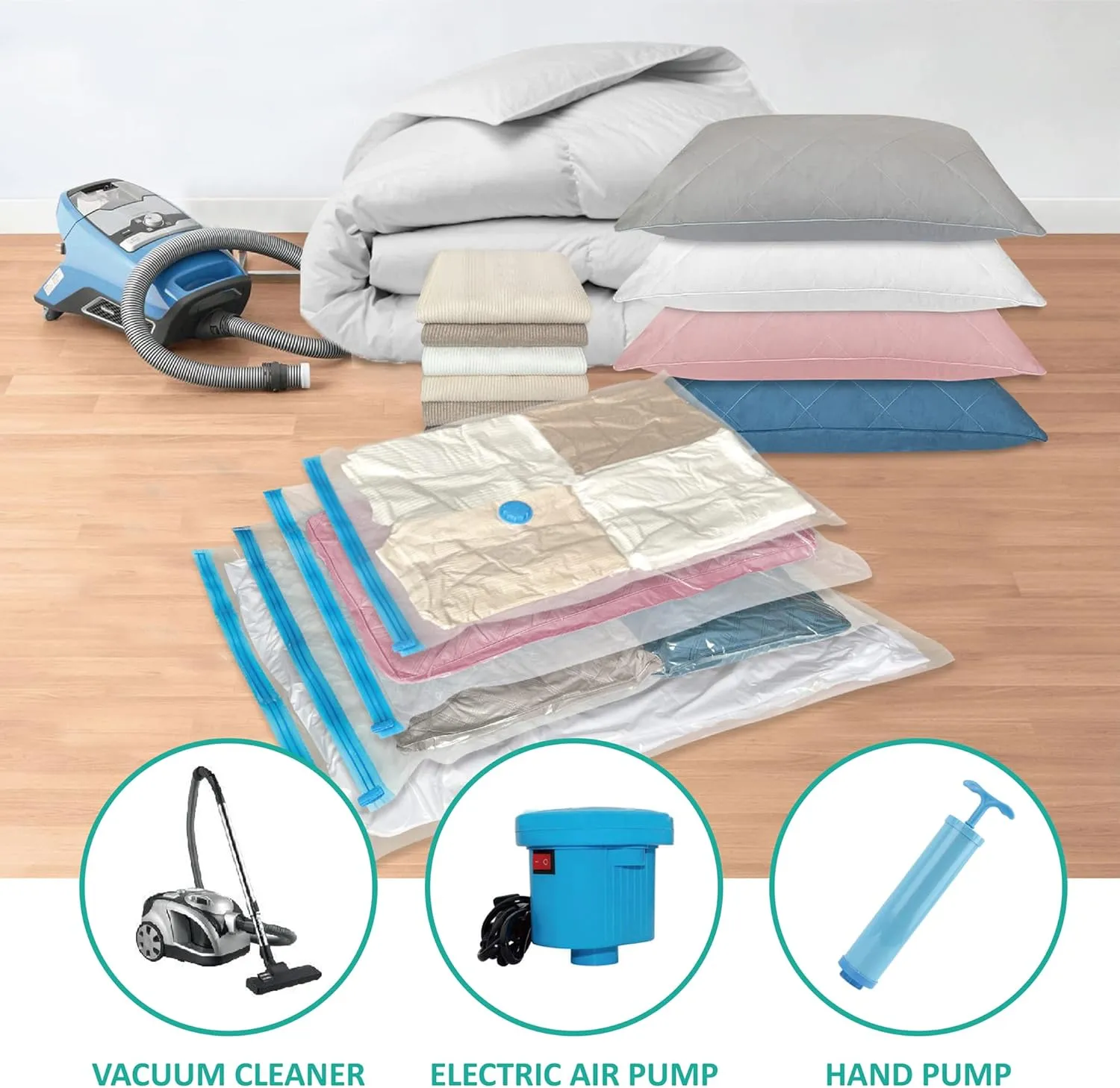 Space Saver Vacuum Storage Bags, 8 Jumbo Vacuum Sealer Bags with Pump, Storage Vacuum Sealed Bags for Clothing, Comforters, Blanket Storage, Bedding
