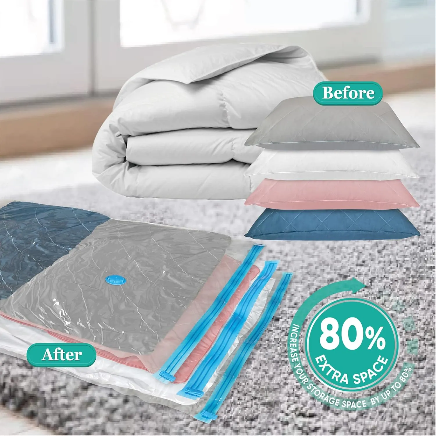 Space Saver Vacuum Storage Bags, 8 Jumbo Vacuum Sealer Bags with Pump, Storage Vacuum Sealed Bags for Clothing, Comforters, Blanket Storage, Bedding
