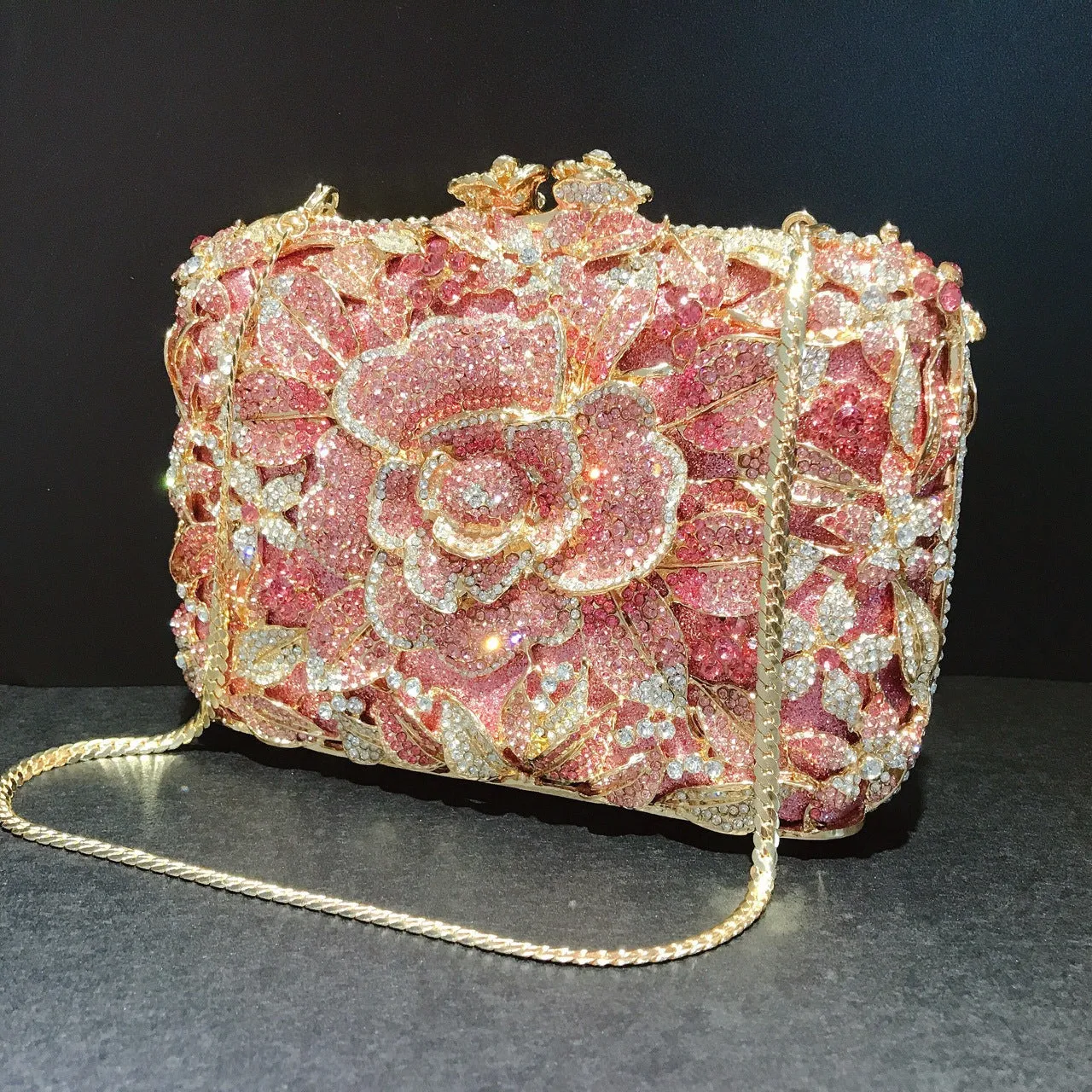Sparkling Flower Clutch Gold Pink Purse For Wedding