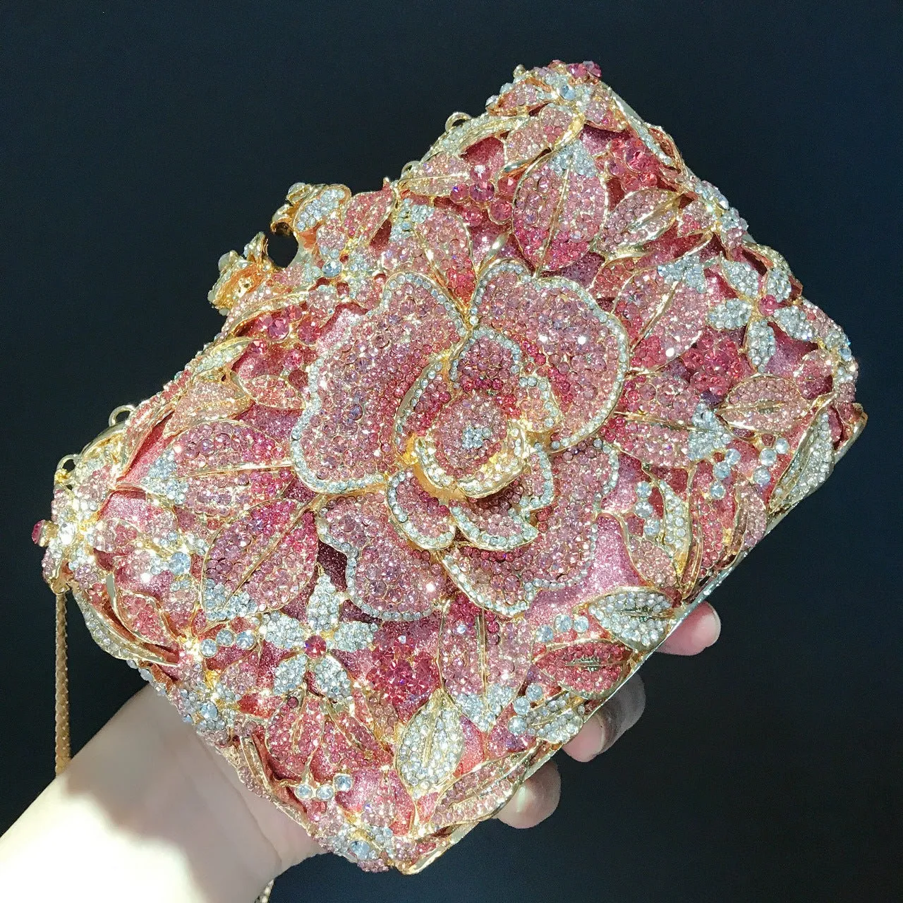 Sparkling Flower Clutch Gold Pink Purse For Wedding