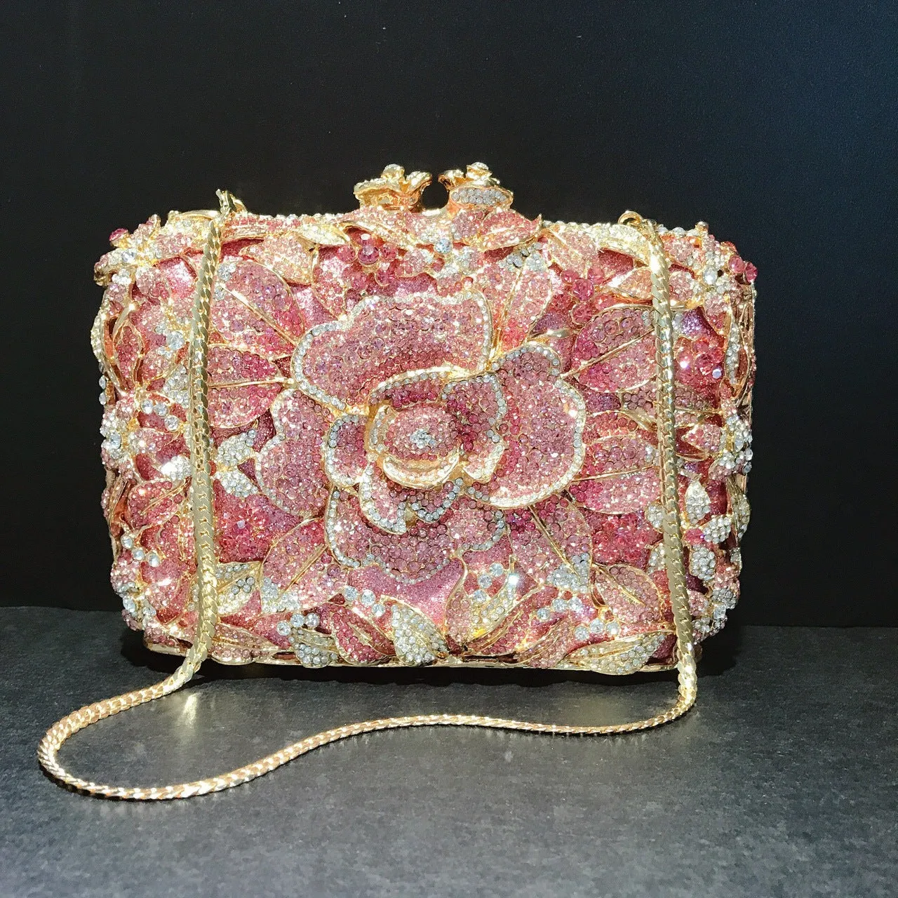 Sparkling Flower Clutch Gold Pink Purse For Wedding