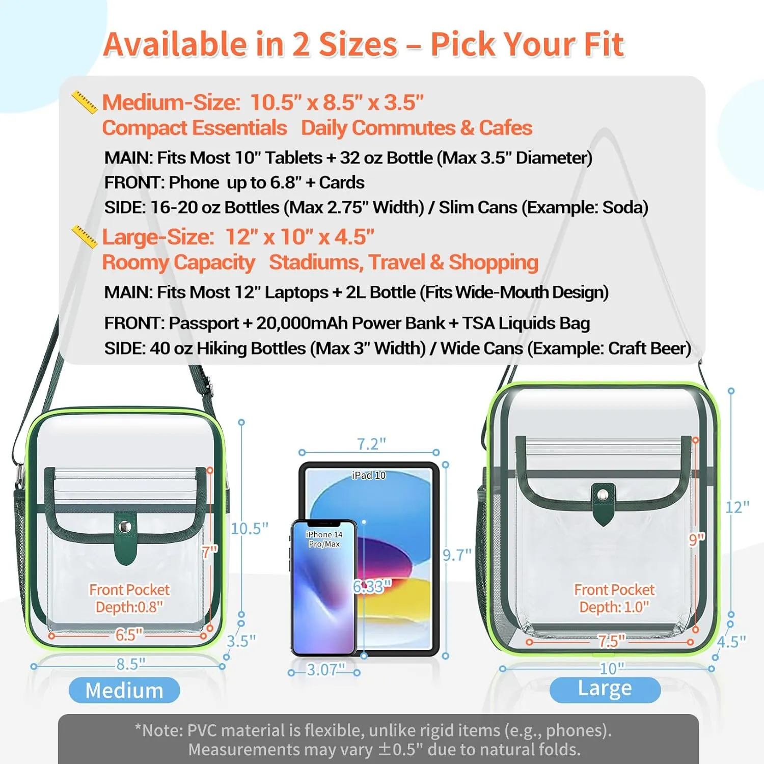 SPODEARS Clear Crossbody Bag for Stadium Events & Concerts - Adjustable Shoulder Strap Purse with 1 Bottle Holder