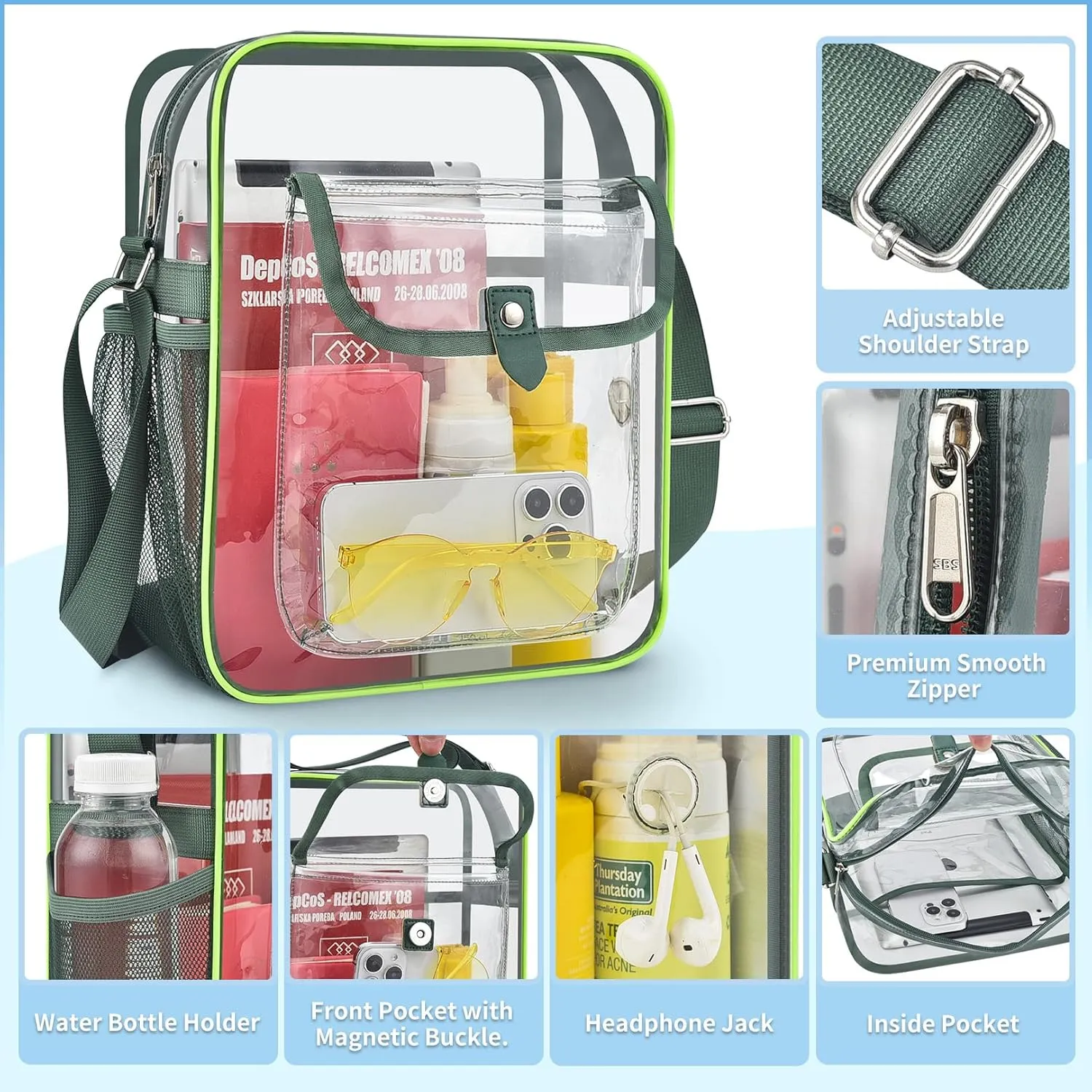 SPODEARS Clear Crossbody Bag for Stadium Events & Concerts - Adjustable Shoulder Strap Purse with 1 Bottle Holder