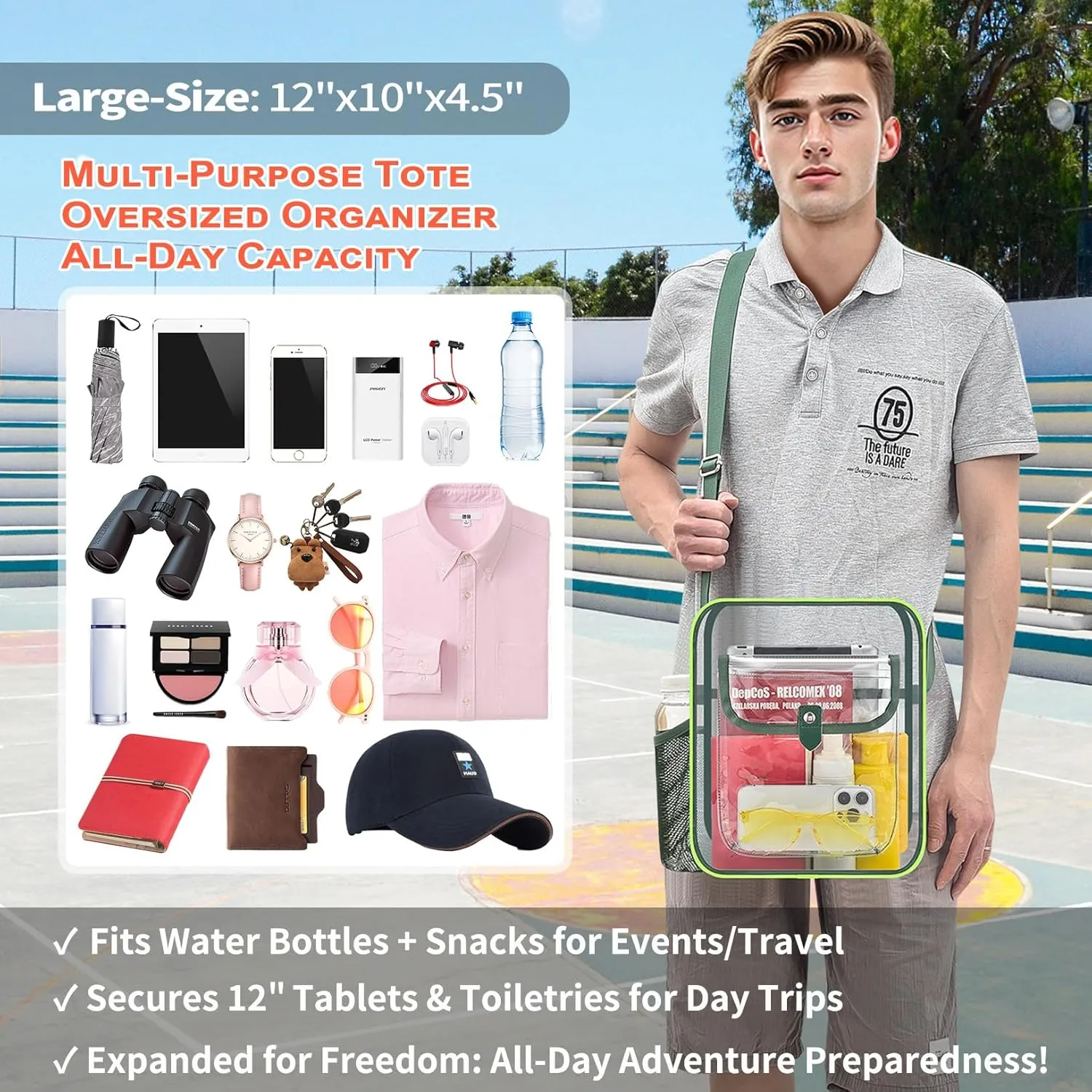 SPODEARS Clear Crossbody Bag for Stadium Events & Concerts - Adjustable Shoulder Strap Purse with 1 Bottle Holder