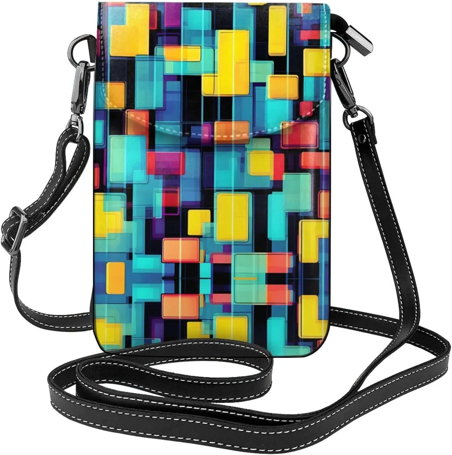 Square geometry diagram Pattern Leather Crossbody Flap Phone Bag - Versatile Gift for Women Walking, Camping, Shopping, and Travel