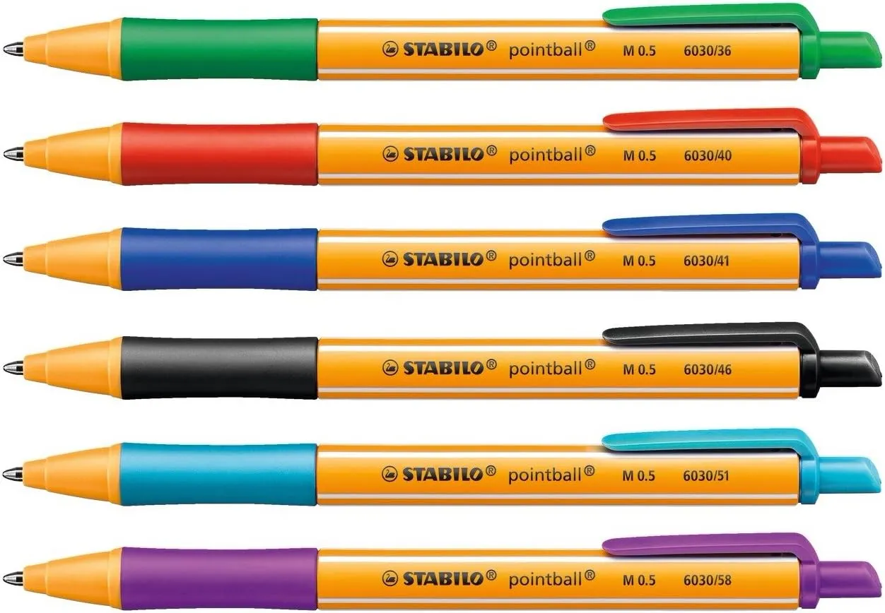 STABILO Ballpoint Pen pointball - Pack of 6 - Red, Blue, Black, Green, Turquoise, Lilac, Retractable, Medium Point