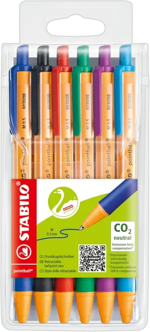 STABILO Ballpoint Pen pointball - Pack of 6 - Red, Blue, Black, Green, Turquoise, Lilac, Retractable, Medium Point