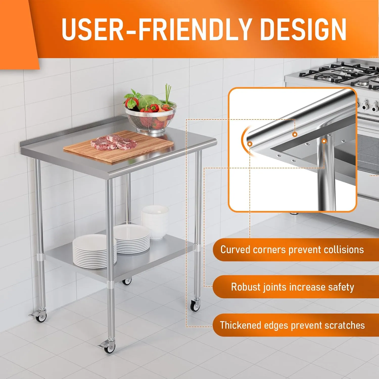 Stainless Steel Table with Wheels 24" x 30" Utility Worktable with Adjustable Undershelf for Commercial Kitchen, Garage, Restaurant