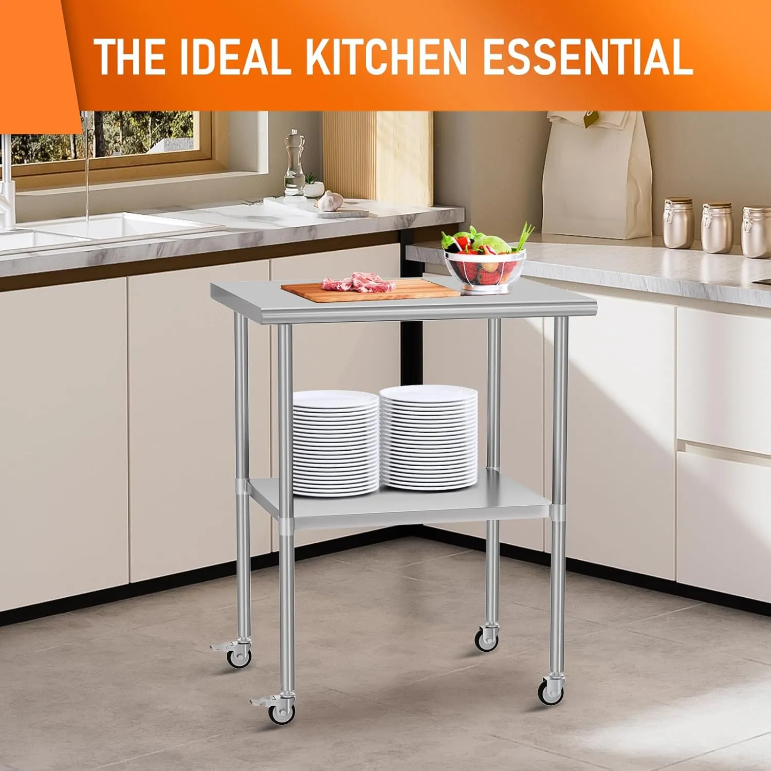Stainless Steel Table with Wheels 24" x 30" Utility Worktable with Adjustable Undershelf for Commercial Kitchen, Garage, Restaurant