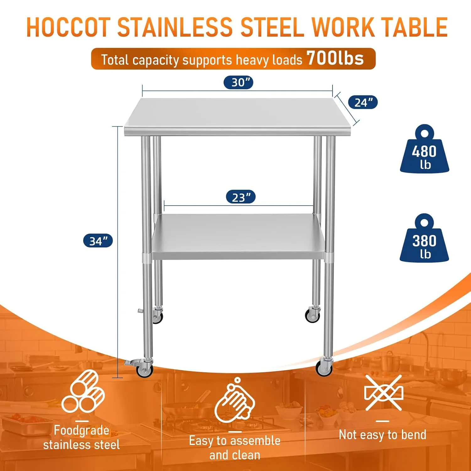 Stainless Steel Table with Wheels 24" x 30" Utility Worktable with Adjustable Undershelf for Commercial Kitchen, Garage, Restaurant