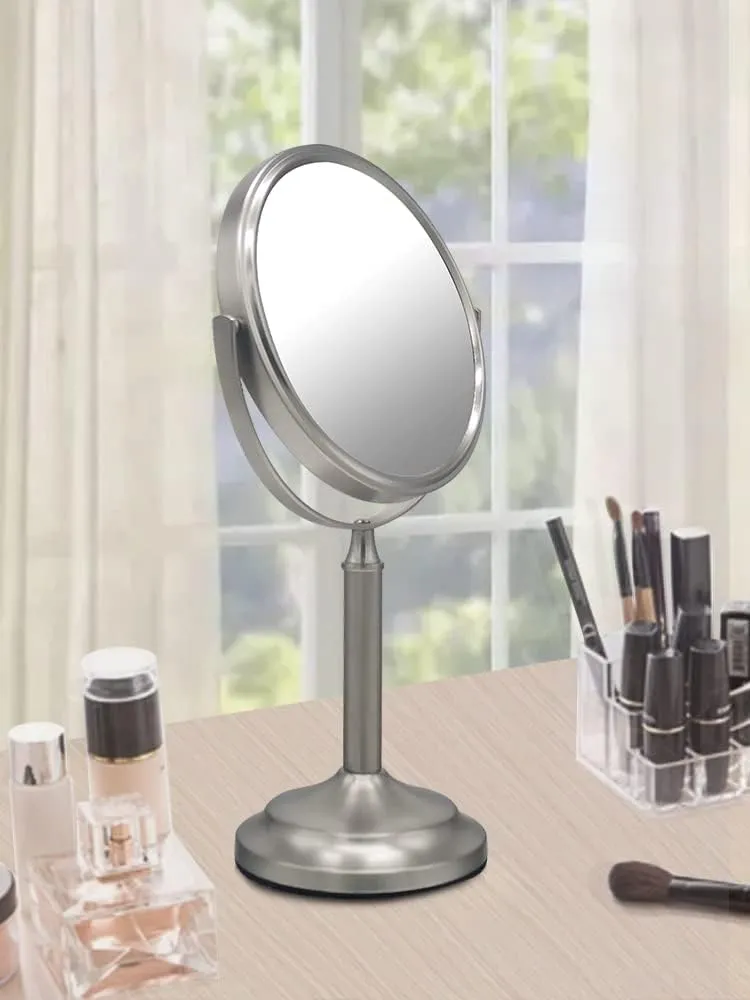 Stainless Steel Tabletop Makeup Vanity Mirror 1X and 3X Magnification Round Swivel Mirror for Desk, Bedroom, Bathroom (Brushed Nickel)