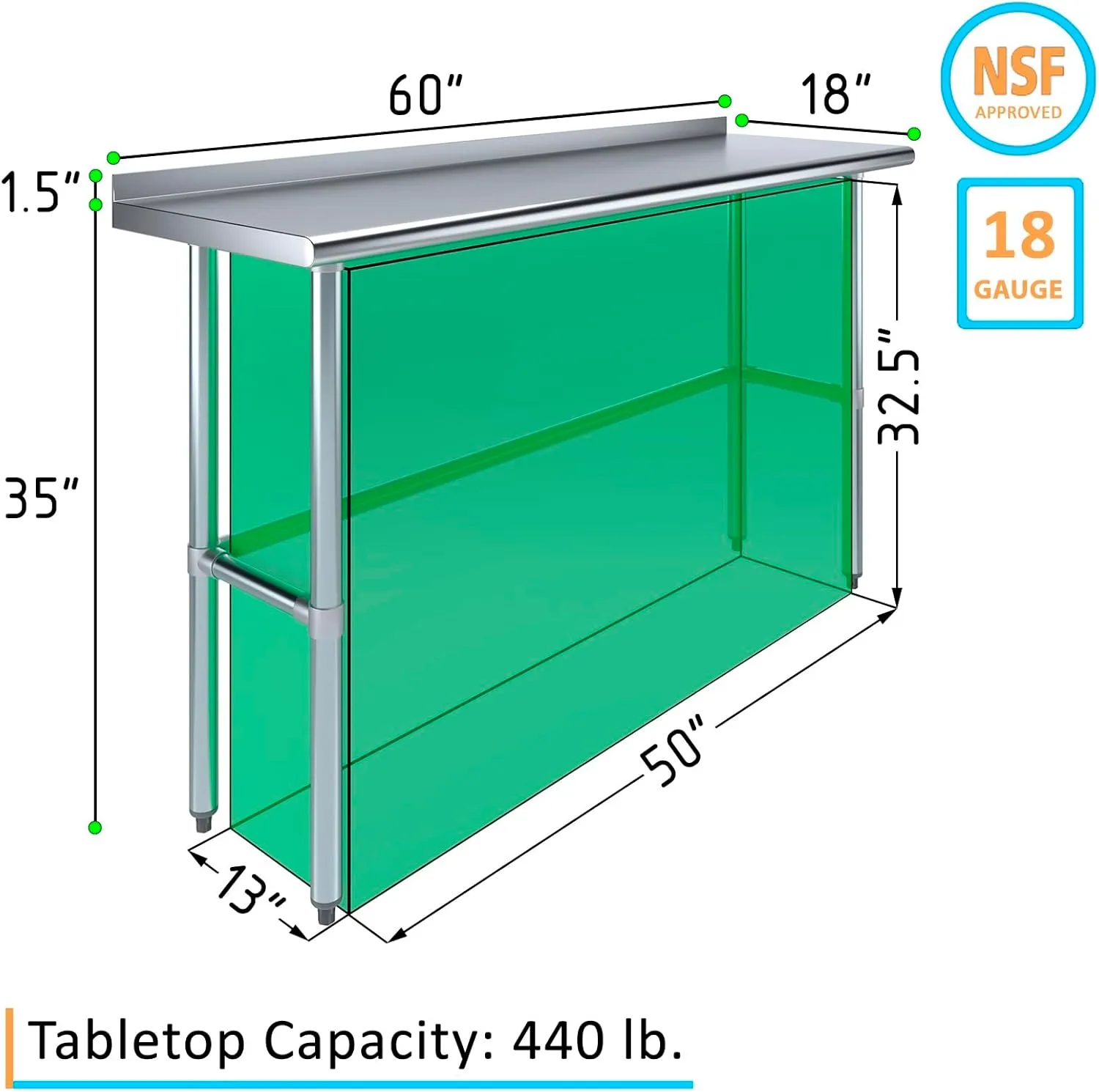 Stainless Steel Work Table with Open Base & 1.5" Backsplash – 18" x 60" | Commercial Kitchen Utility Prep Table | NSF Certified | Foodservice & Industrial Use (18x60)