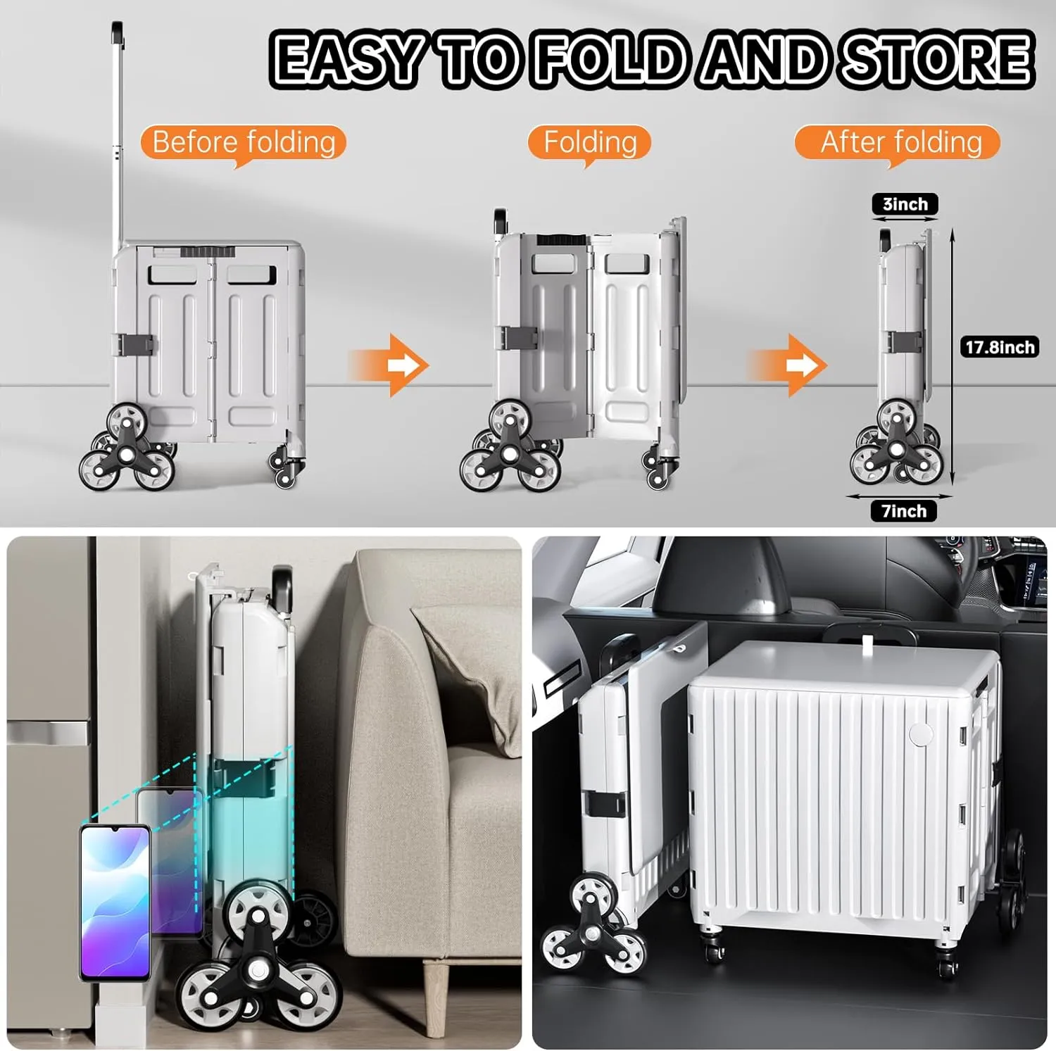 Stair Climbing Cart with Wheels: Collapsible Rolling Cart for Teachers School Supplies Books Art Projects Grocery Trade Shows & Stairs Foldable Utility Organizer with Lid Crate Basket Shelves