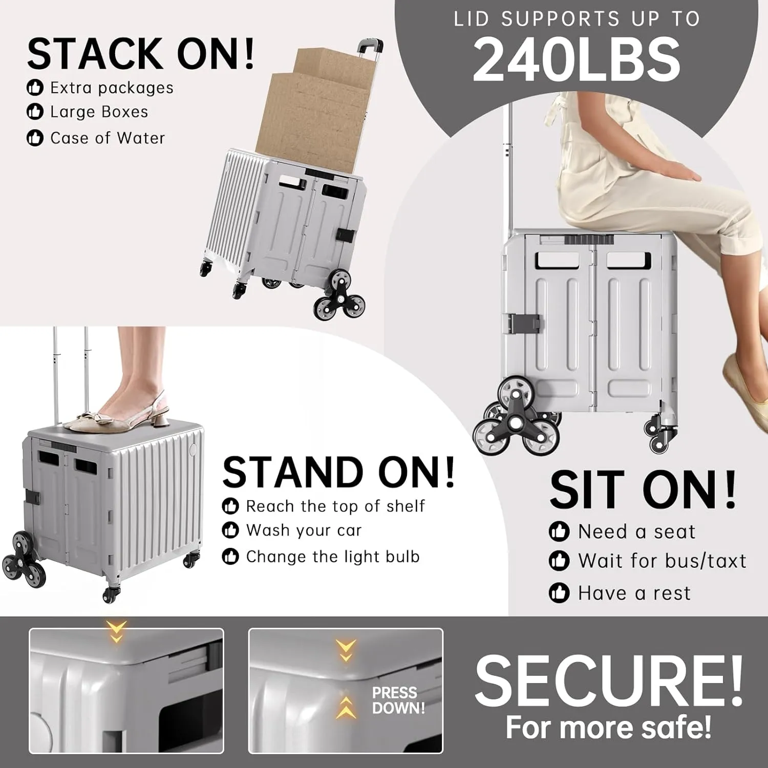 Stair Climbing Cart with Wheels: Collapsible Rolling Cart for Teachers School Supplies Books Art Projects Grocery Trade Shows & Stairs Foldable Utility Organizer with Lid Crate Basket Shelves