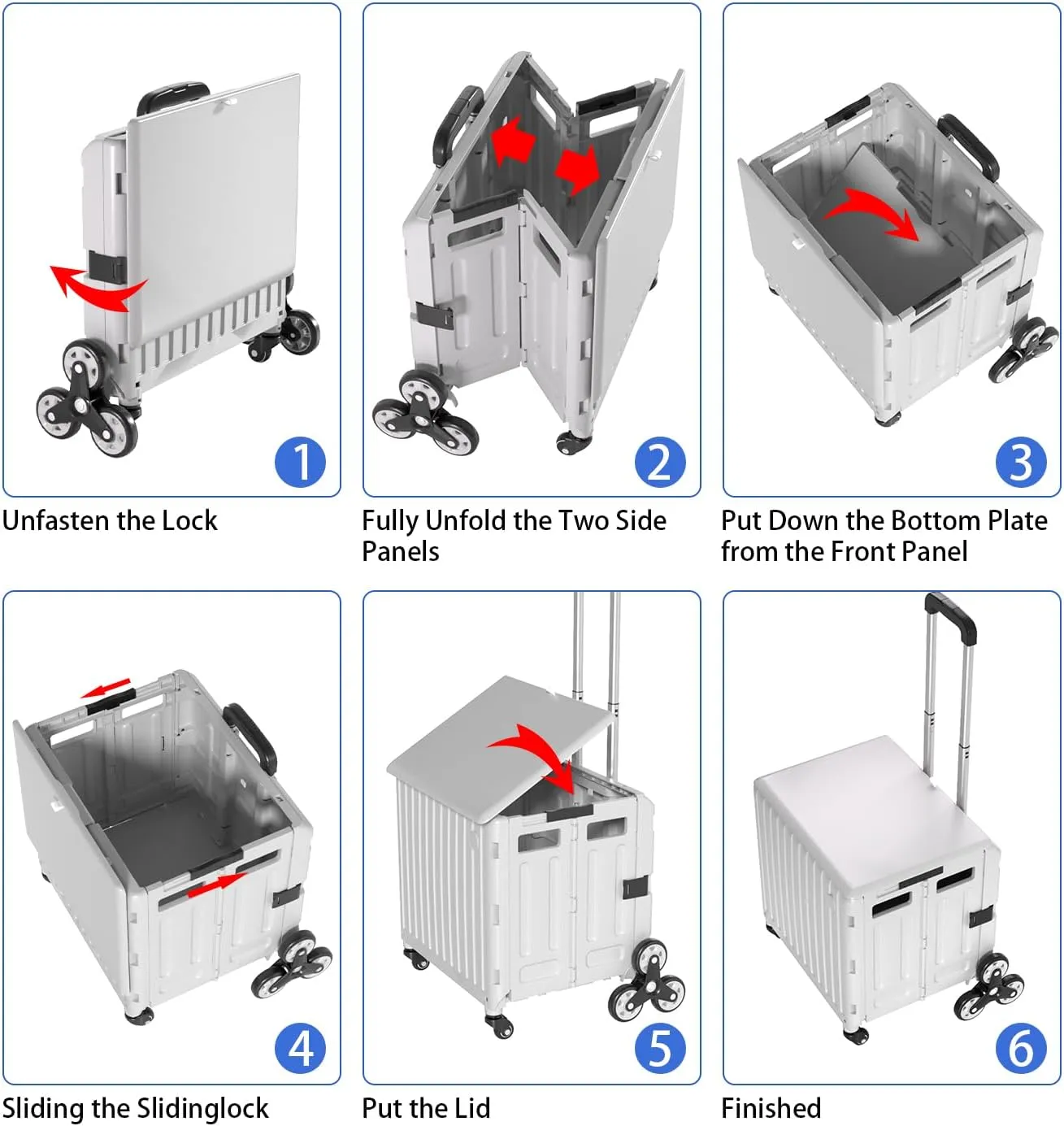 Stair Climbing Cart with Wheels: Collapsible Rolling Cart for Teachers School Supplies Books Art Projects Grocery Trade Shows & Stairs Foldable Utility Organizer with Lid Crate Basket Shelves
