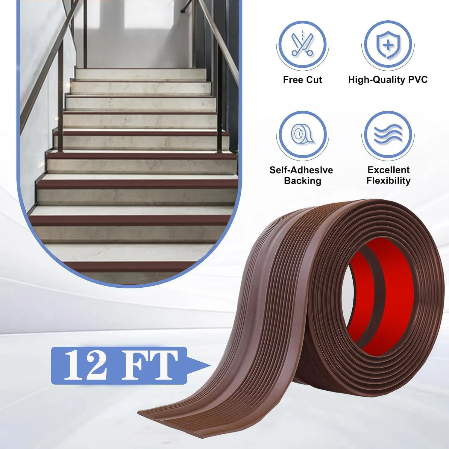 Stair Nosing 12Ft - Brown Rubber Stair Edge Protector - Vinyl Stair Nose Molding - Stair Nose Edge Trim for Steps - for Indoor and Outdoor - Non Slip and Waterproof