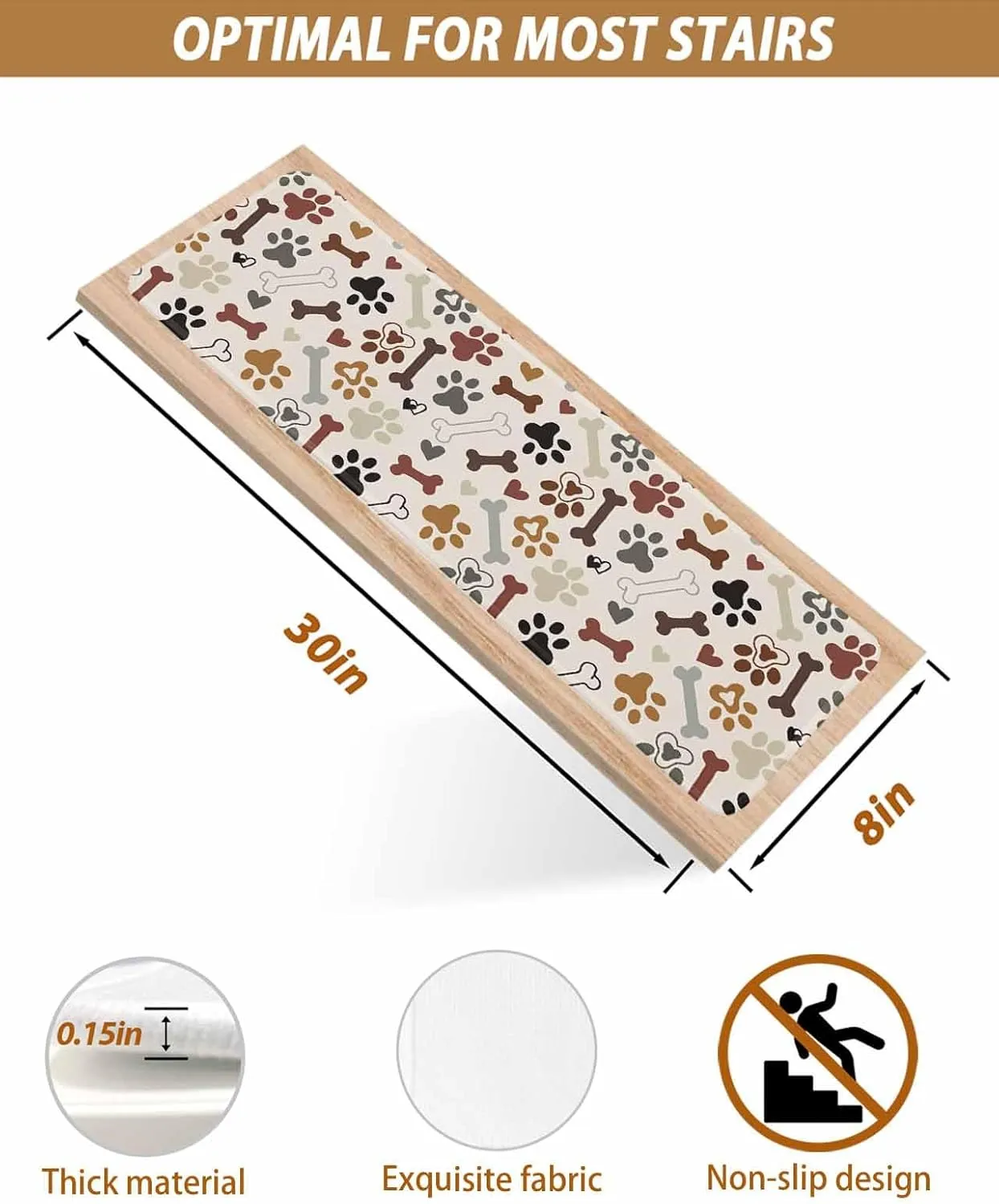 Stair Treads for Wooden Steps 15 Pack - 8"x30",Pet Dog Paw Bone Love Heart Indoor Stair Runner Non Slip Carpet Mat Staircase Step Treads for Kids Elders and Pets,Seamless Animal Claw Prints