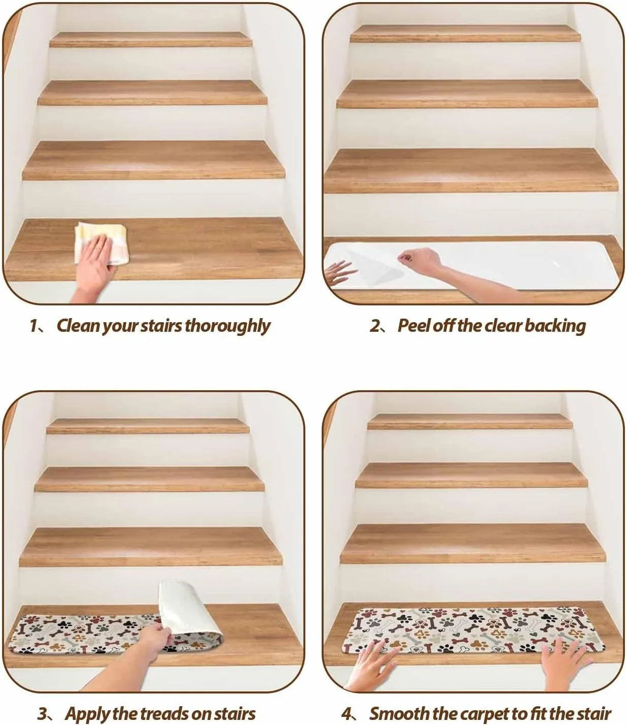 Stair Treads for Wooden Steps 15 Pack - 8"x30",Pet Dog Paw Bone Love Heart Indoor Stair Runner Non Slip Carpet Mat Staircase Step Treads for Kids Elders and Pets,Seamless Animal Claw Prints