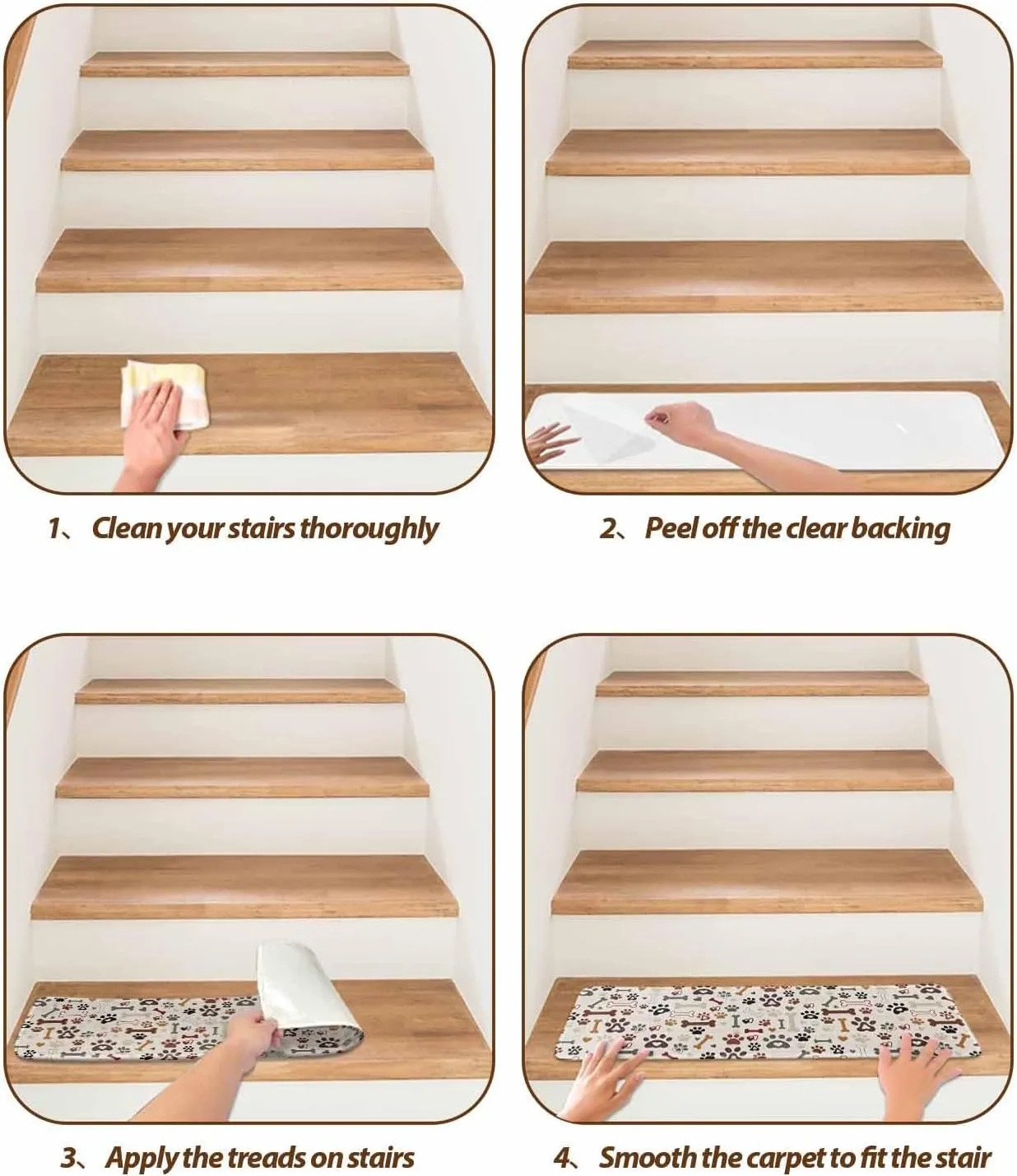 Stair Treads for Wooden Steps 15 Pack - 8"x30",Seamless Dog Paw Bone Texture Indoor Stair Runner Non Slip Carpet Mat Staircase Step Treads for Kids Elders and Pets,Pet Claw Love Heart on Khaki