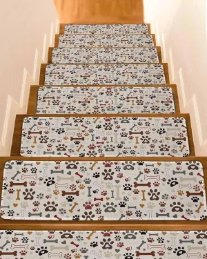 Stair Treads for Wooden Steps 15 Pack - 8"x30",Seamless Dog Paw Bone Texture Indoor Stair Runner Non Slip Carpet Mat Staircase Step Treads for Kids Elders and Pets,Pet Claw Love Heart on Khaki