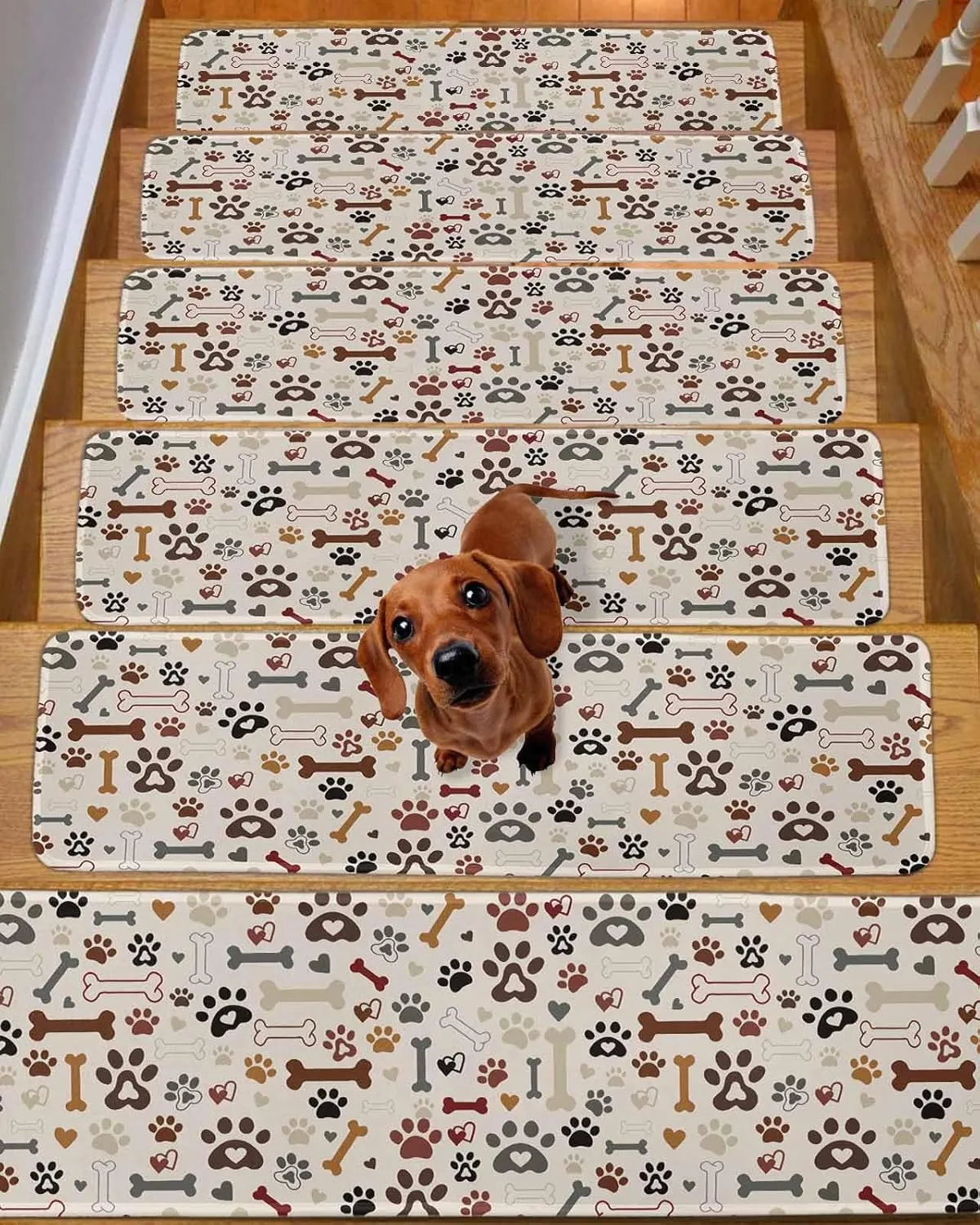 Stair Treads for Wooden Steps 15 Pack - 8"x30",Seamless Dog Paw Bone Texture Indoor Stair Runner Non Slip Carpet Mat Staircase Step Treads for Kids Elders and Pets,Pet Claw Love Heart on Khaki