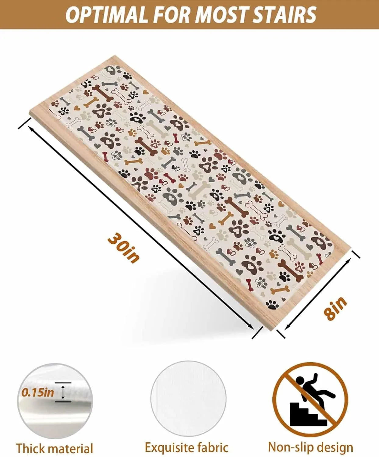 Stair Treads for Wooden Steps 15 Pack - 8"x30",Seamless Dog Paw Bone Texture Indoor Stair Runner Non Slip Carpet Mat Staircase Step Treads for Kids Elders and Pets,Pet Claw Love Heart on Khaki