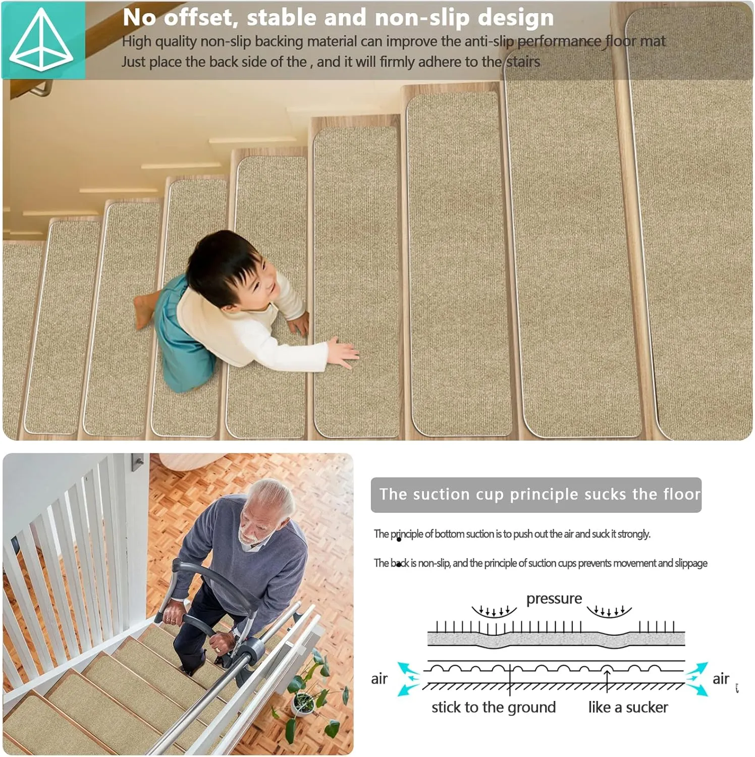 Stair Treads for Wooden Steps Indoor/Outdoor Stair Treads Rugs Anti-Slip Carpet for Stairs Runner Non-Slip Carpet Mat Rugs Spiral Staircase Kit for Elder and Kids