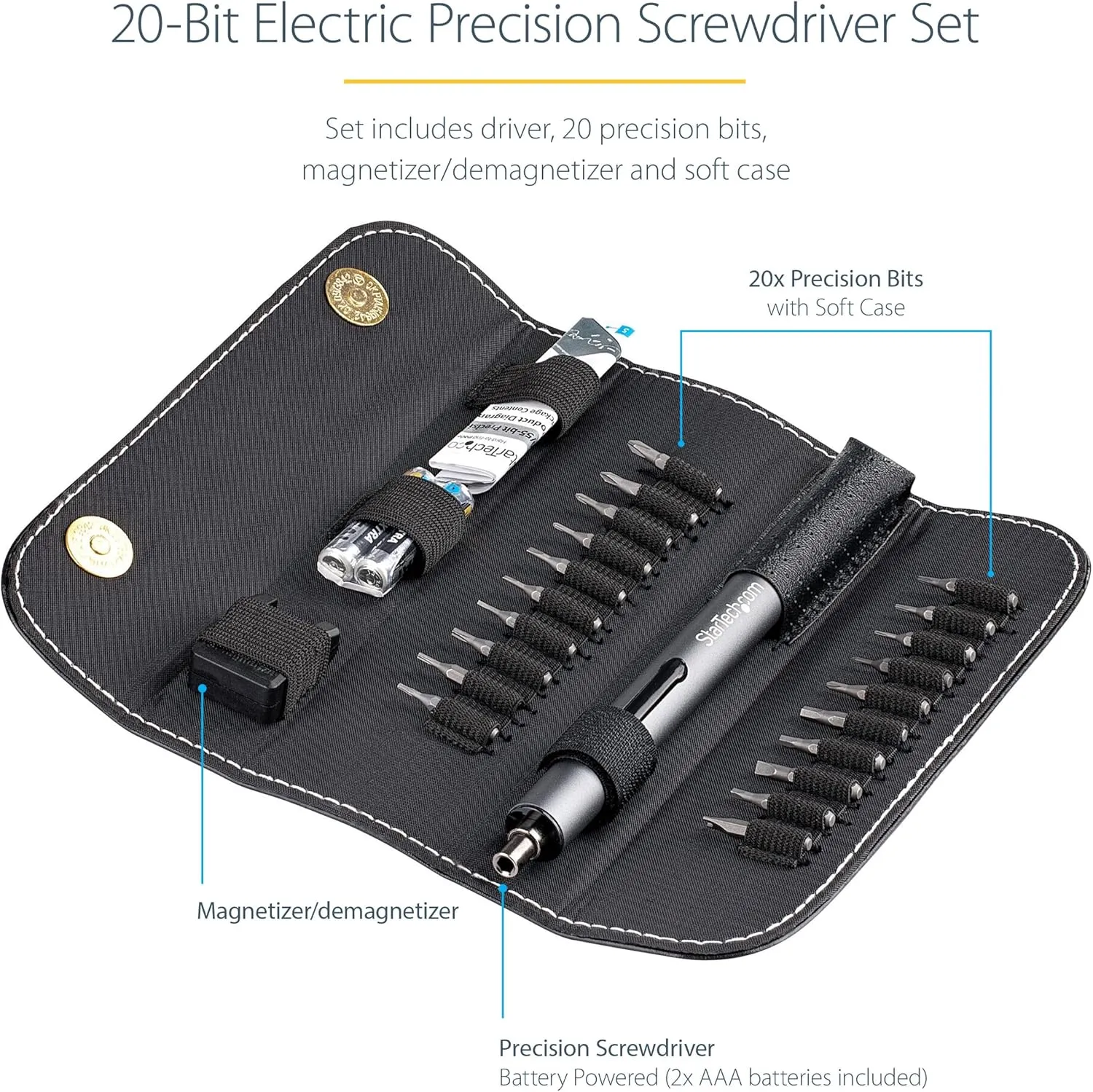 StarTech.com 20-Bit Electric Precision Screwdriver Set - Portable/Mini Battery Powered Bit Driver Kit for Electronics, Laptop, Computer, Tablet & Phone Repairs - Magnetic - Cordless, TAA