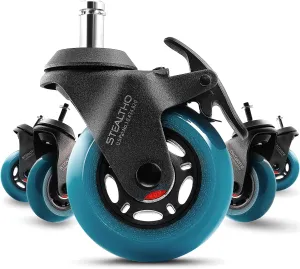 Stealtho Locking Caster Wheels Set of 5 - Heavy Duty Office Chair Casters with Brakes 2 - Replacement Industrial Wheels for Furniture, Cart - Rollerblade Style Navy