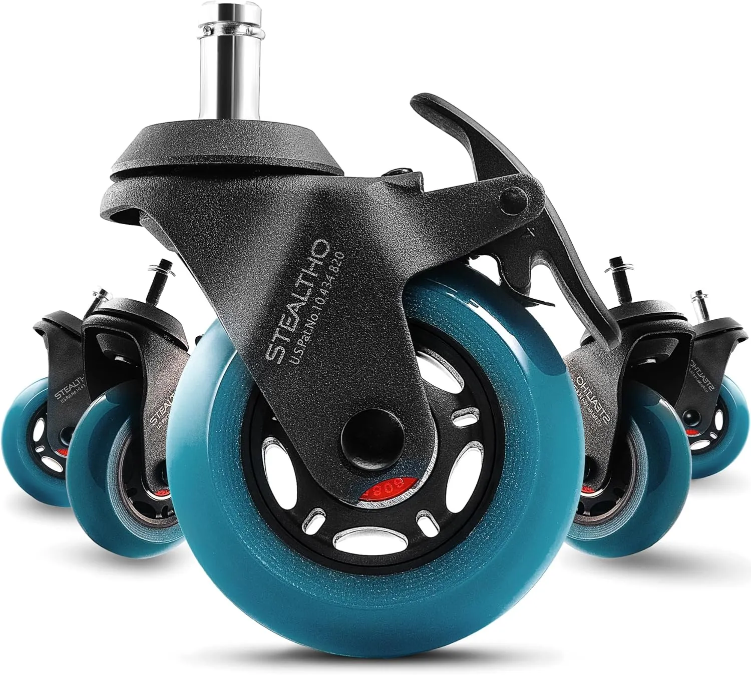 Stealtho Locking Caster Wheels Set of 5 - Heavy Duty Office Chair Casters with Brakes 2 - Replacement Industrial Wheels for Furniture, Cart - Rollerblade Style Navy