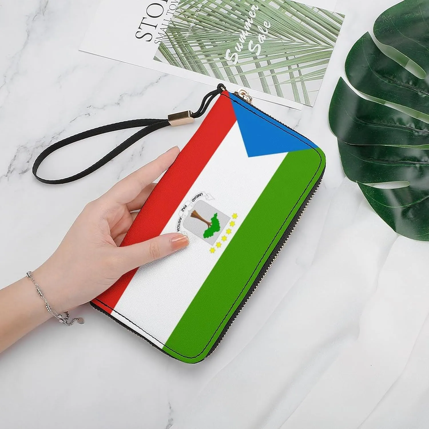Stylish Women Men Zipper Long Purse Removable Wristlet PU Leather Wallet Travel Clutch, Equatorial Guinea Flag