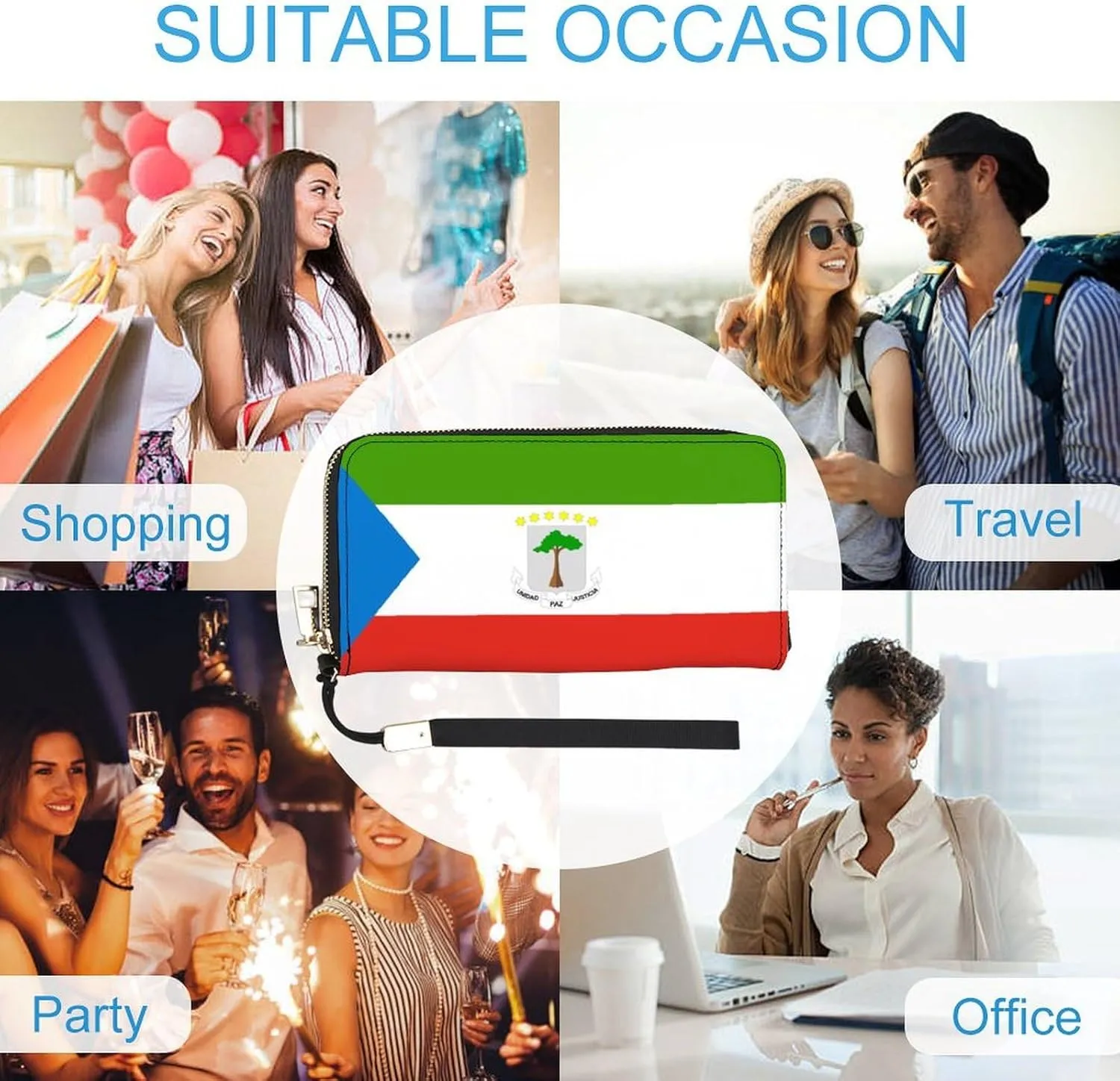 Stylish Women Men Zipper Long Purse Removable Wristlet PU Leather Wallet Travel Clutch, Equatorial Guinea Flag