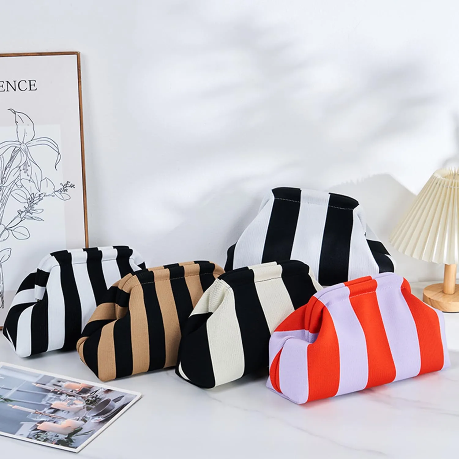 Summer Beach Dumpling Clutch Purses for Women, Woven Crochet Handbags Ruched Cloud Colorblock 2024