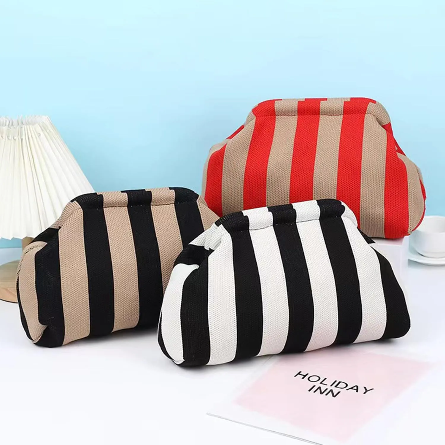 Summer Beach Dumpling Clutch Purses for Women, Woven Crochet Handbags Ruched Cloud Colorblock 2024