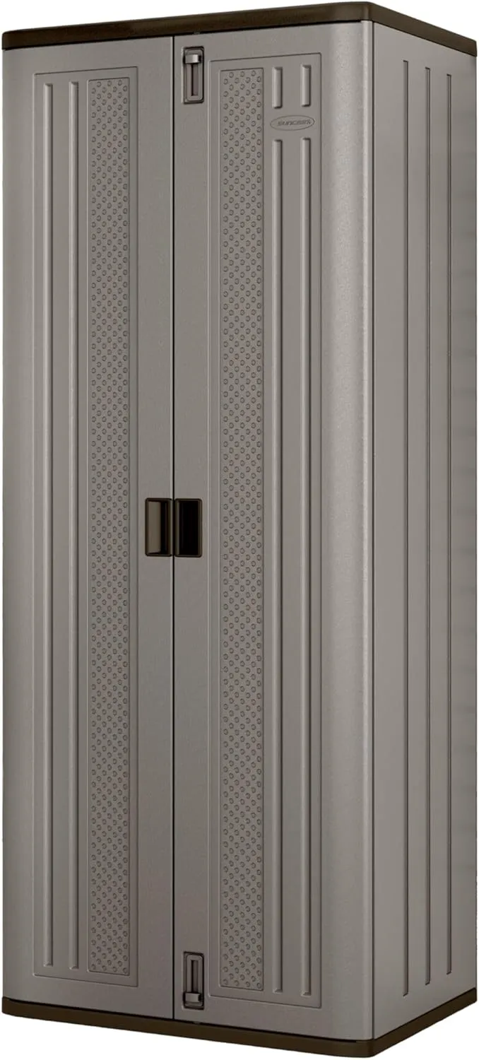 Suncast Tall 72-Inch Platinum Resin Storage Cabinet with Durable Double-Wall Construction, and Metal-Reinforced Shelves for Basement, Utility Room and Garage Storage, Platinum, Made in the USA